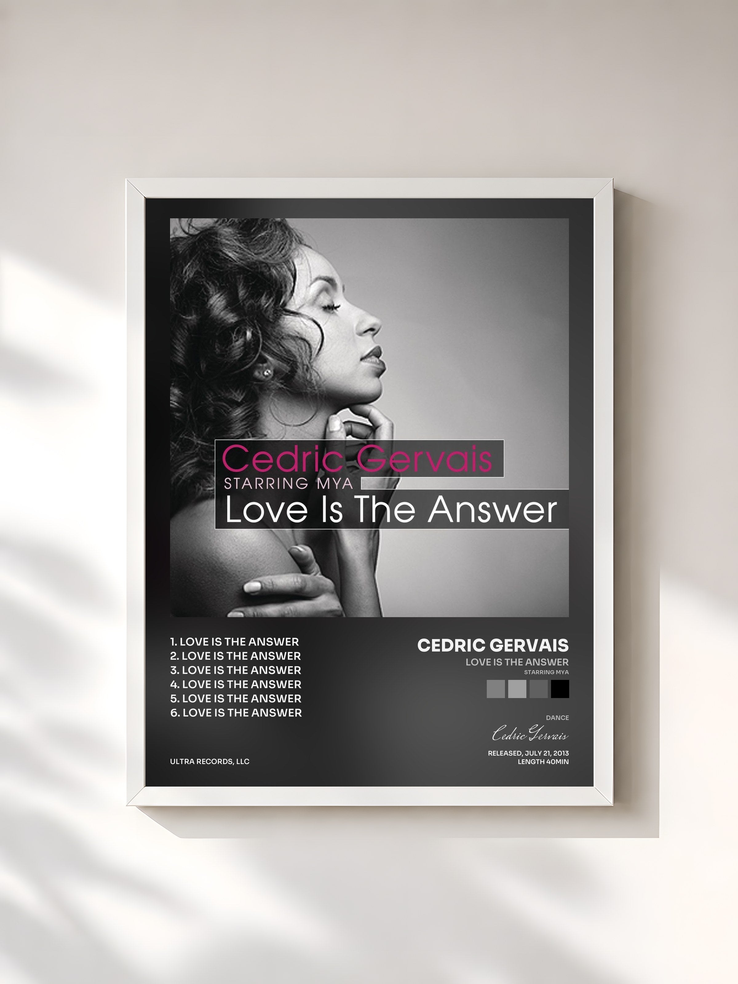 #blanc Tableau de l'album Love Is The Answer (Starring Mya) de Cedric Gervais, cadre blanc, imprimé et encadré en France