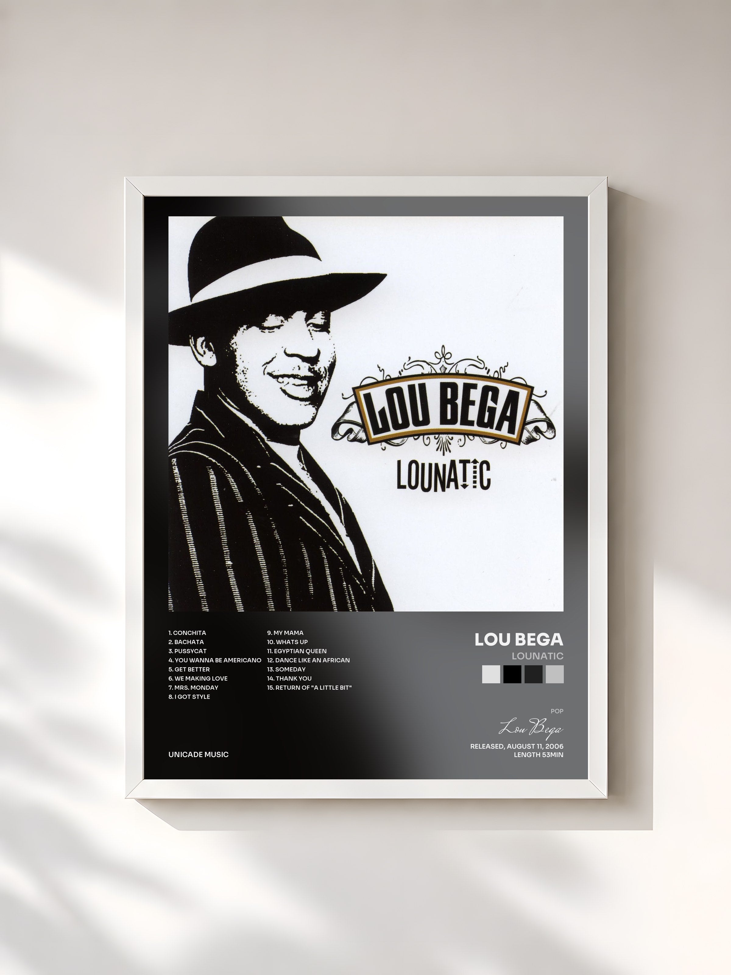 #blanc Tableau de l'album Lounatic de Lou Bega, cadre blanc, imprimé et encadré en France