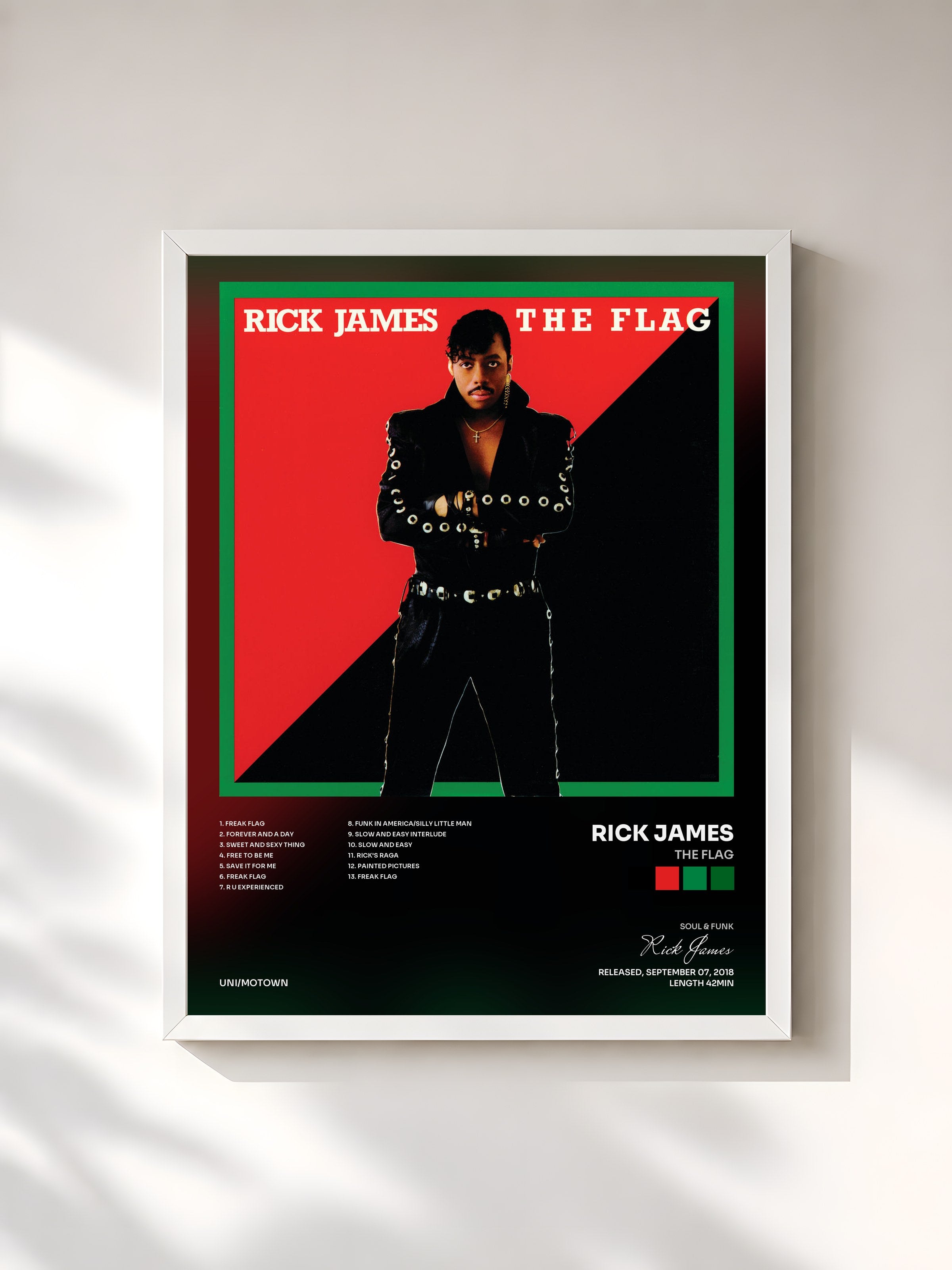 #blanc Tableau de l'album The Flag de Rick James, cadre blanc, imprimé et encadré en France