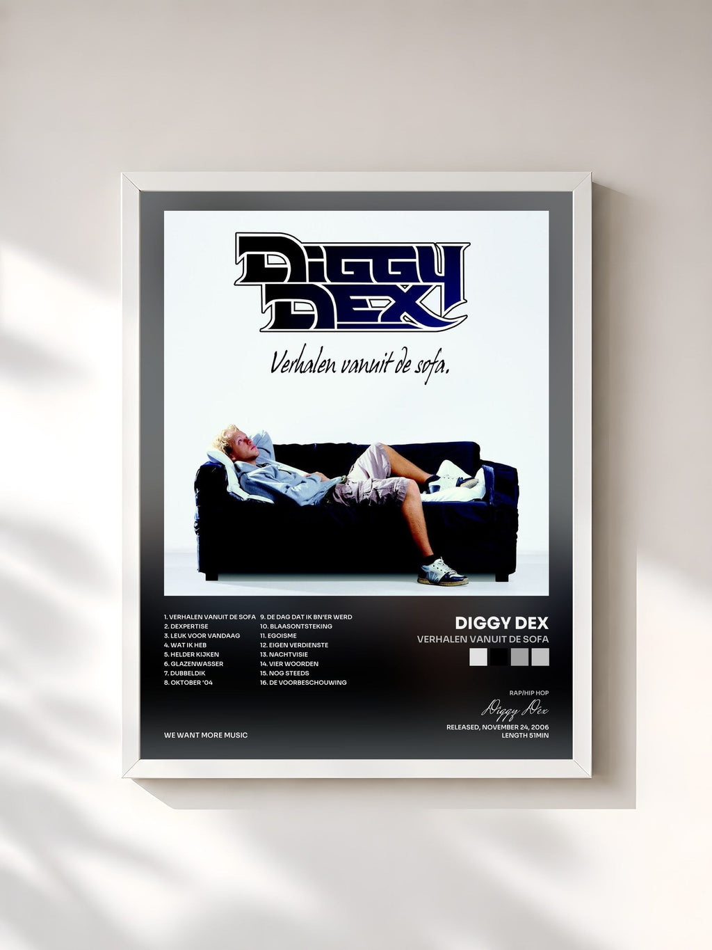 #blanc Tableau de l'album Verhalen Vanuit De Sofa de Diggy Dex, cadre blanc, imprimé et encadré en France
