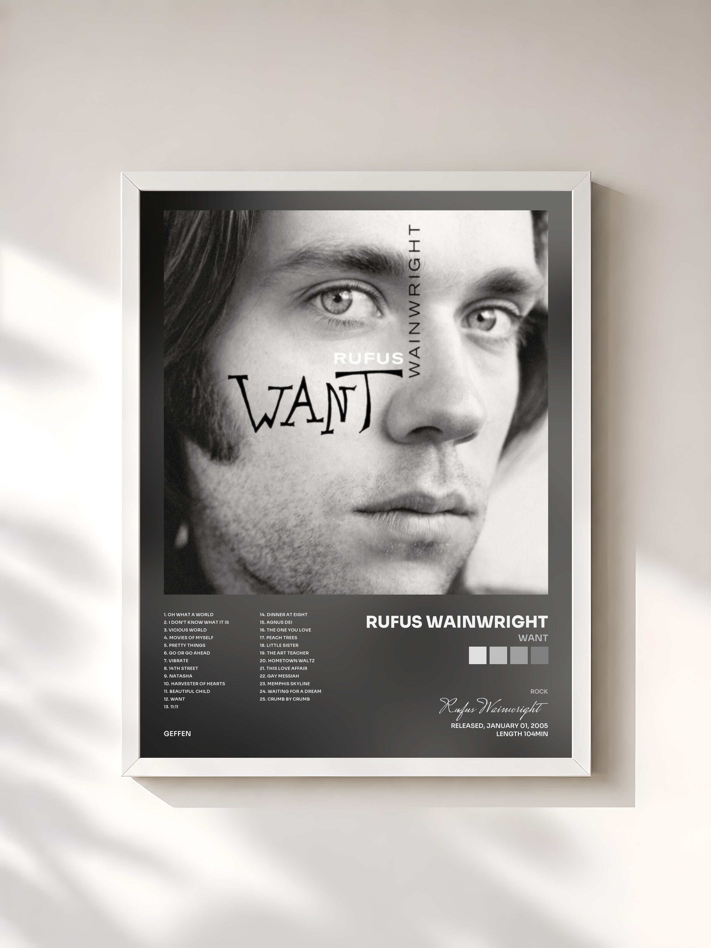 #blanc Tableau de l'album Want de Rufus Wainwright, cadre blanc, imprimé et encadré en France