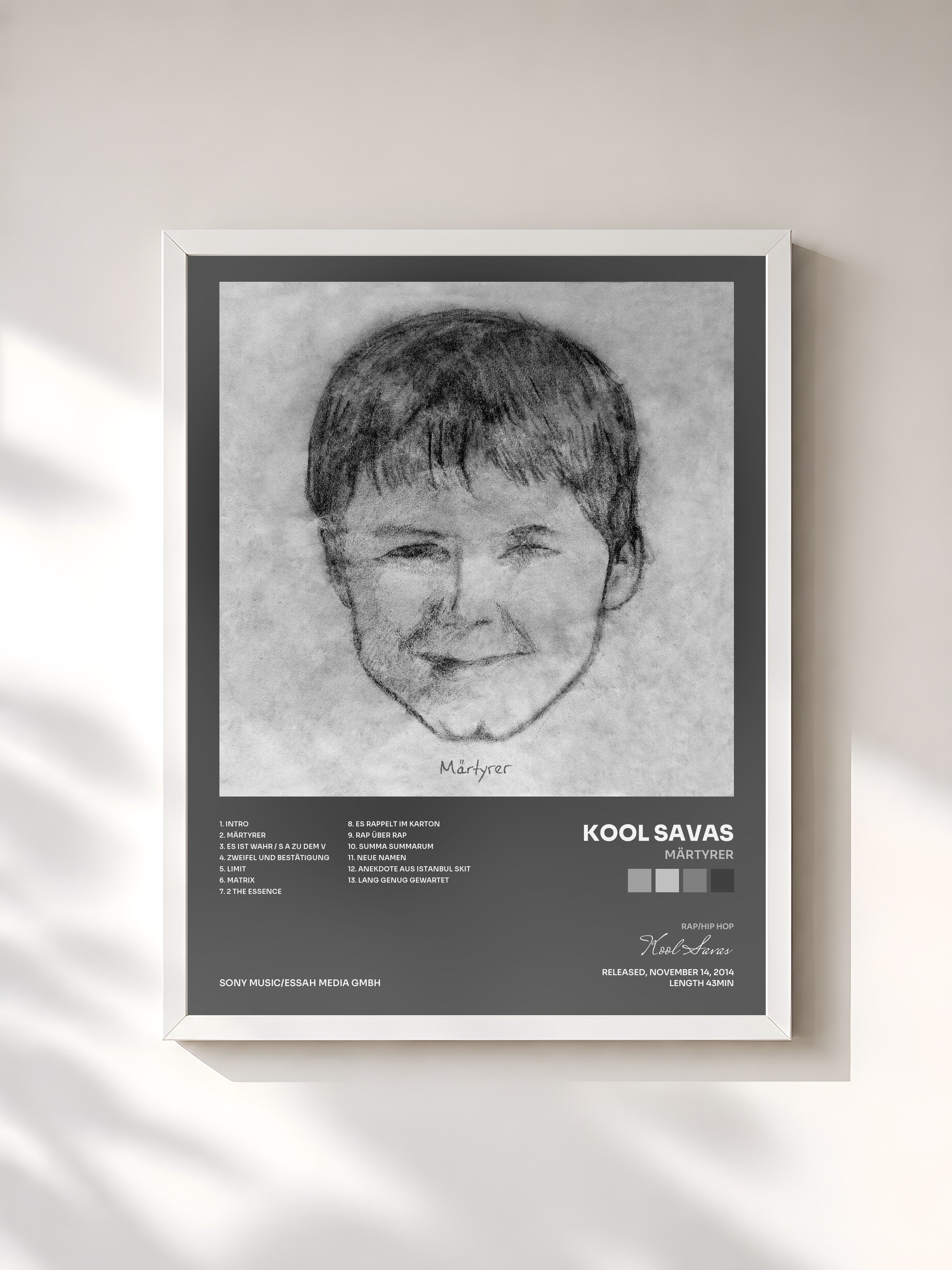 #blanc Tableau de l'album Märtyrer de Kool Savas, cadre blanc, imprimé et encadré en France
