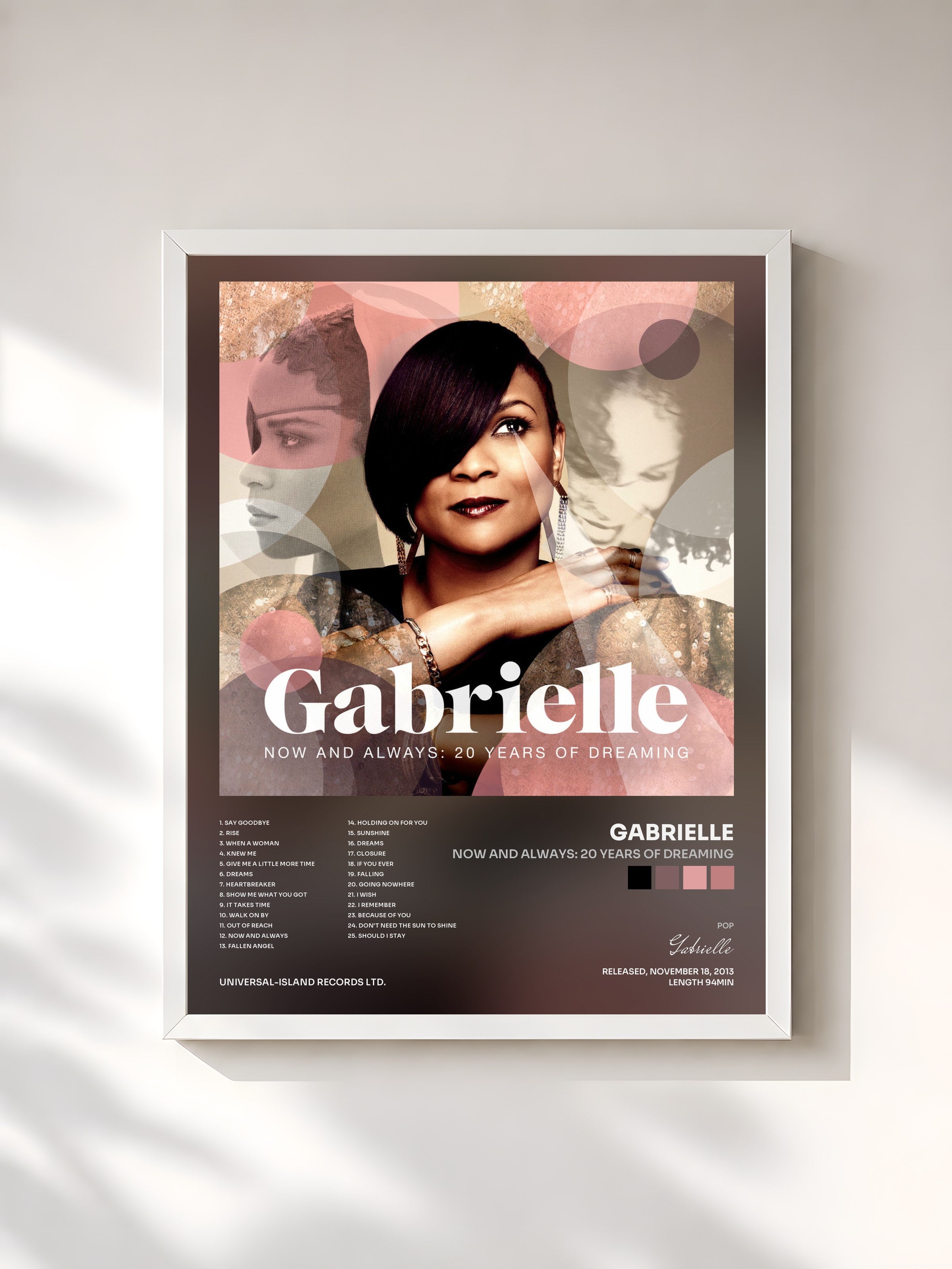#blanc Tableau de l'album Now And Always: 20 Years Of Dreaming de Gabrielle, cadre blanc, imprimé et encadré en France