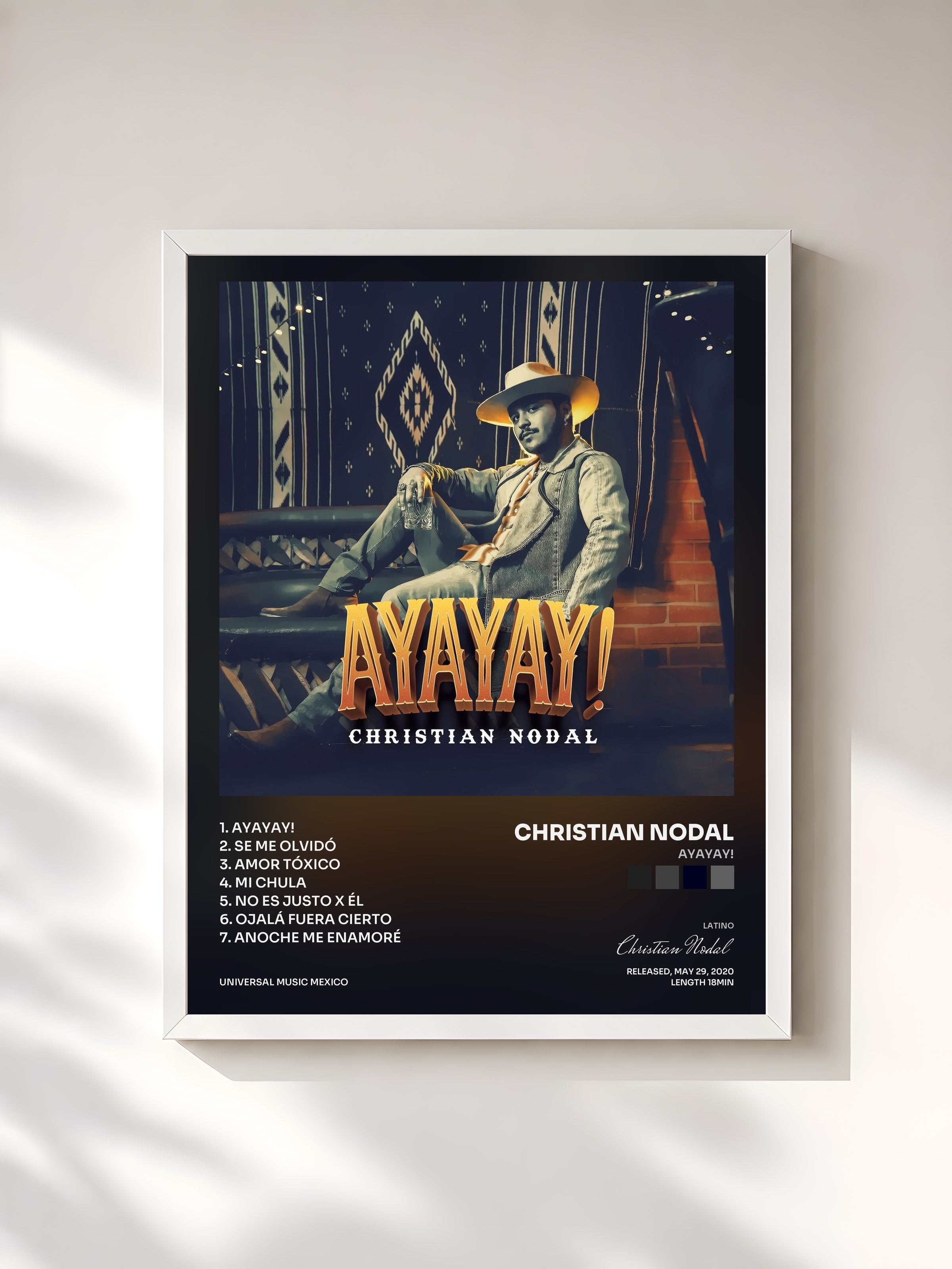 #blanc Tableau de l'album AYAYAY! de Christian Nodal, cadre blanc, imprimé et encadré en France