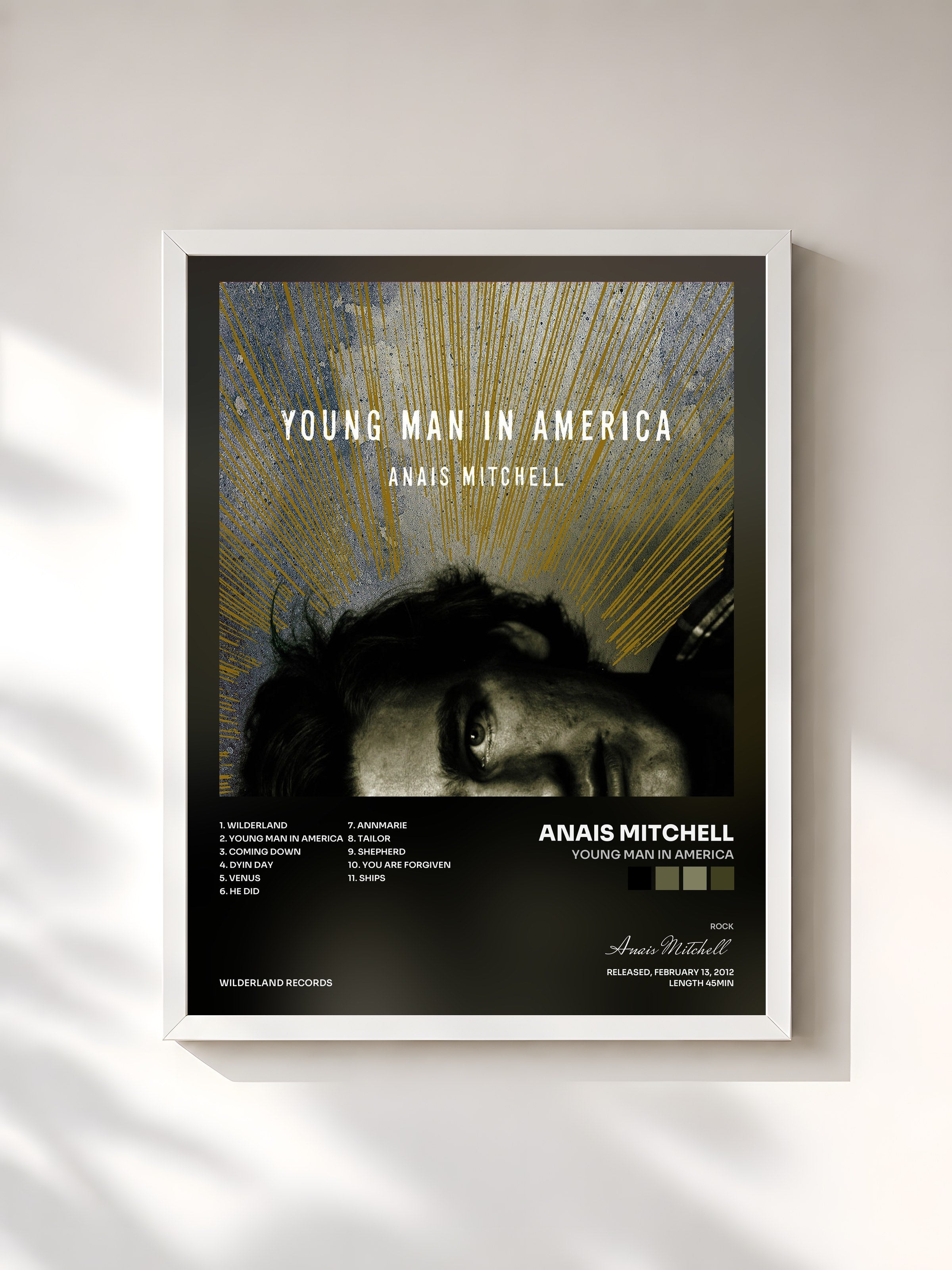 #blanc Tableau de l'album Young Man In America de Anais Mitchell, cadre blanc, imprimé et encadré en France