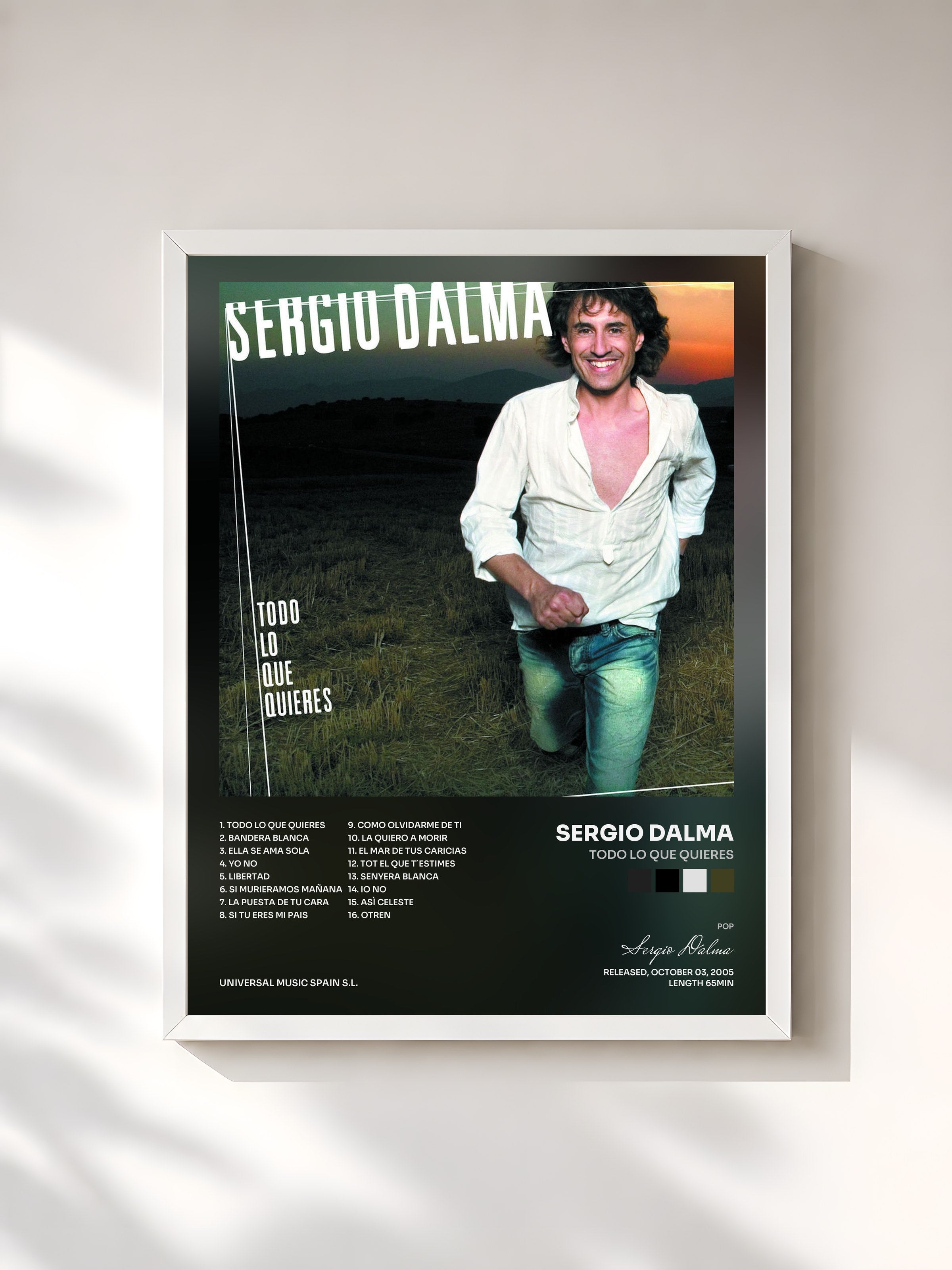 #blanc Tableau de l'album Todo Lo Que Quieres de Sergio Dalma, cadre blanc, imprimé et encadré en France