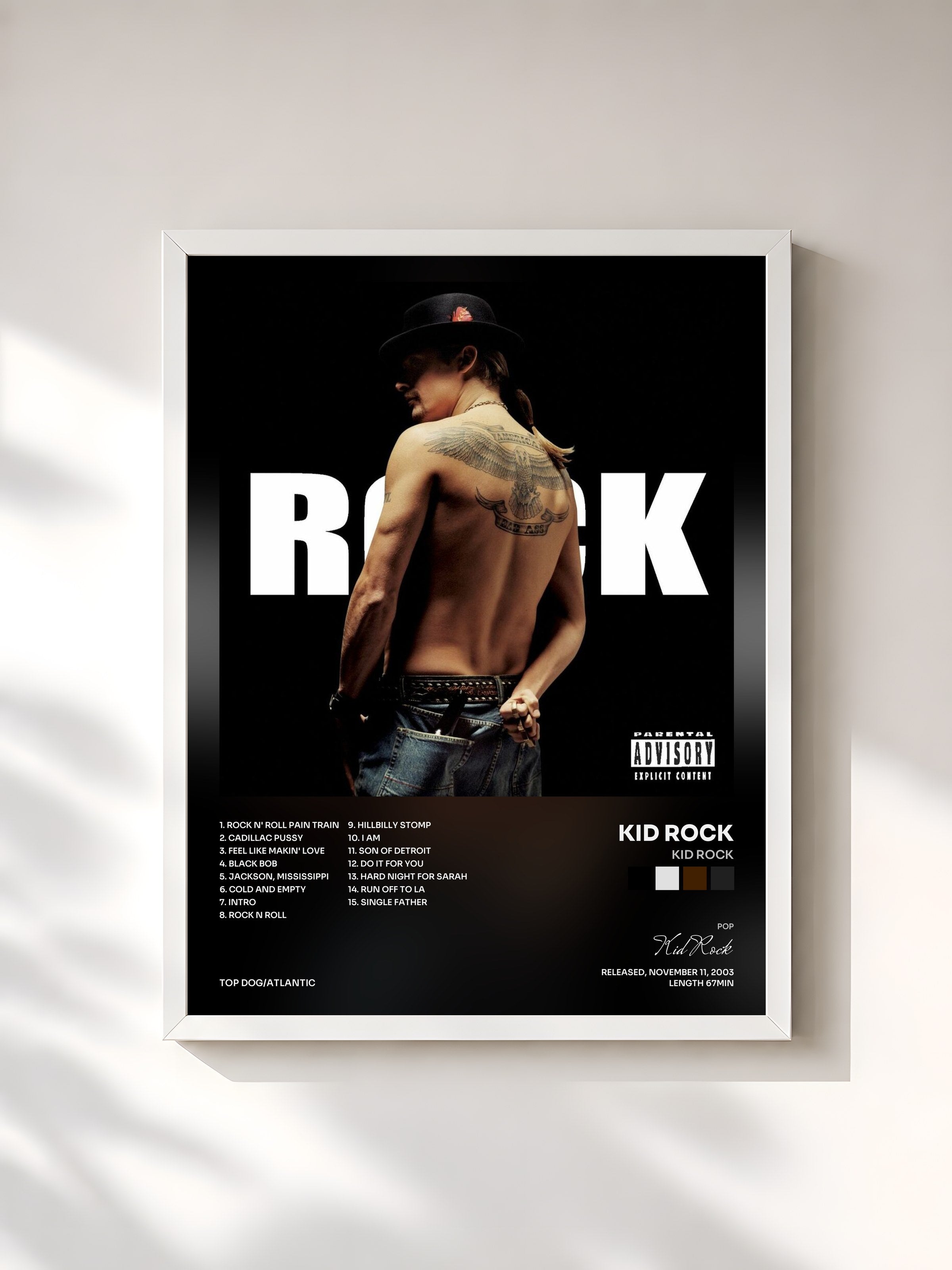 #blanc Tableau de l'album Kid Rock de Kid Rock, cadre blanc, imprimé et encadré en France