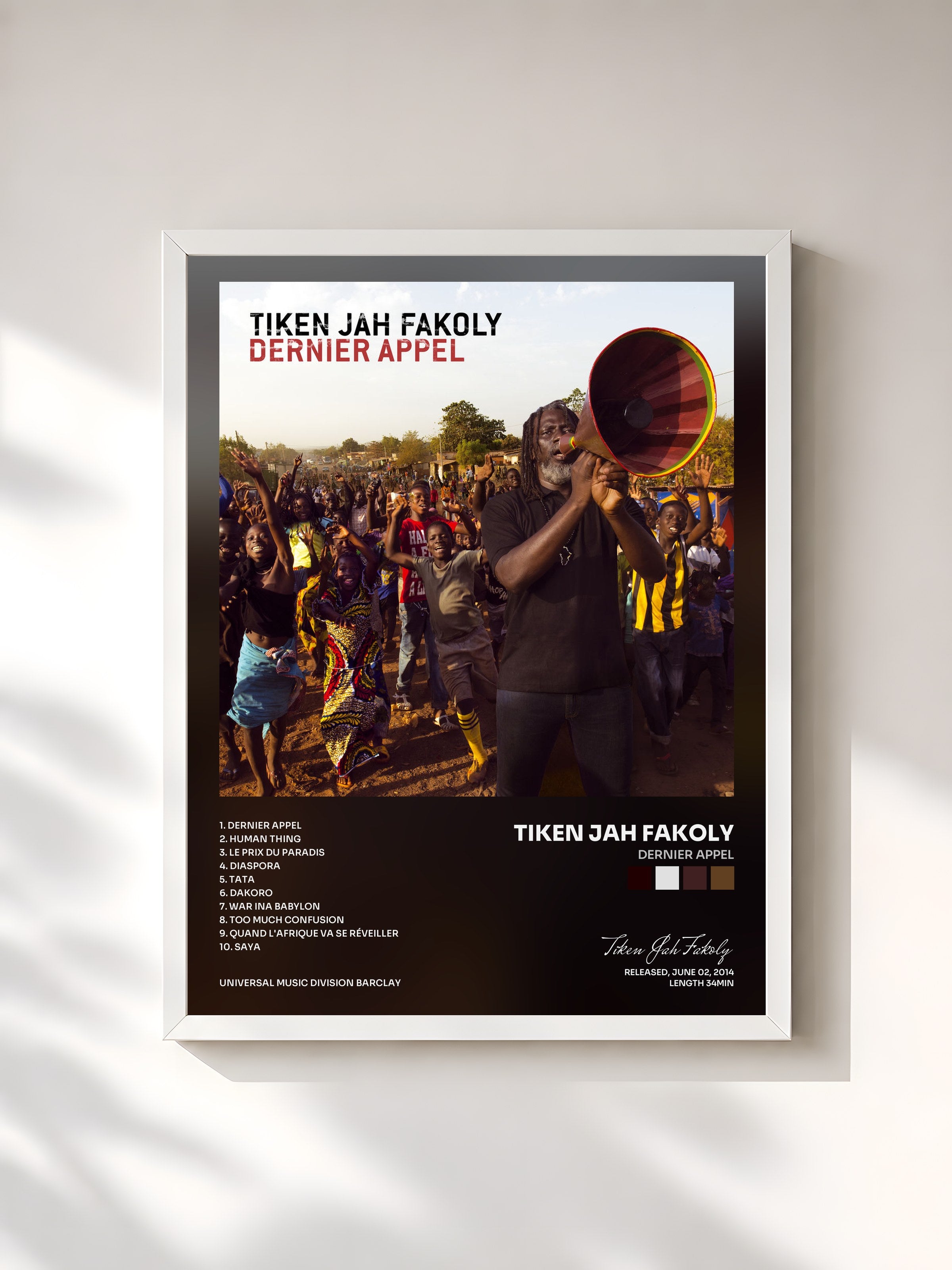 #blanc Tableau de l'album Dernier Appel de Tiken Jah Fakoly, cadre blanc, imprimé et encadré en France