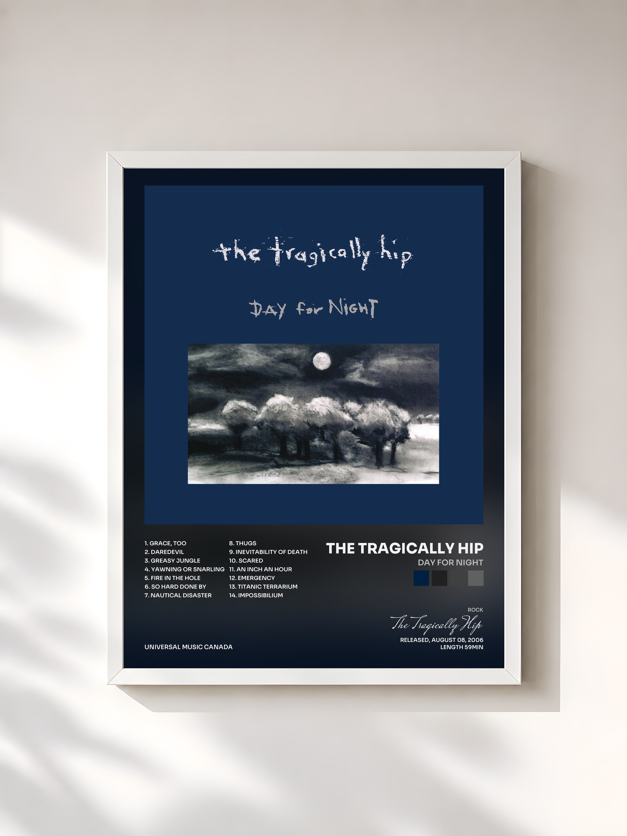 #blanc Tableau de l'album Day For Night de The Tragically Hip, cadre blanc, imprimé et encadré en France