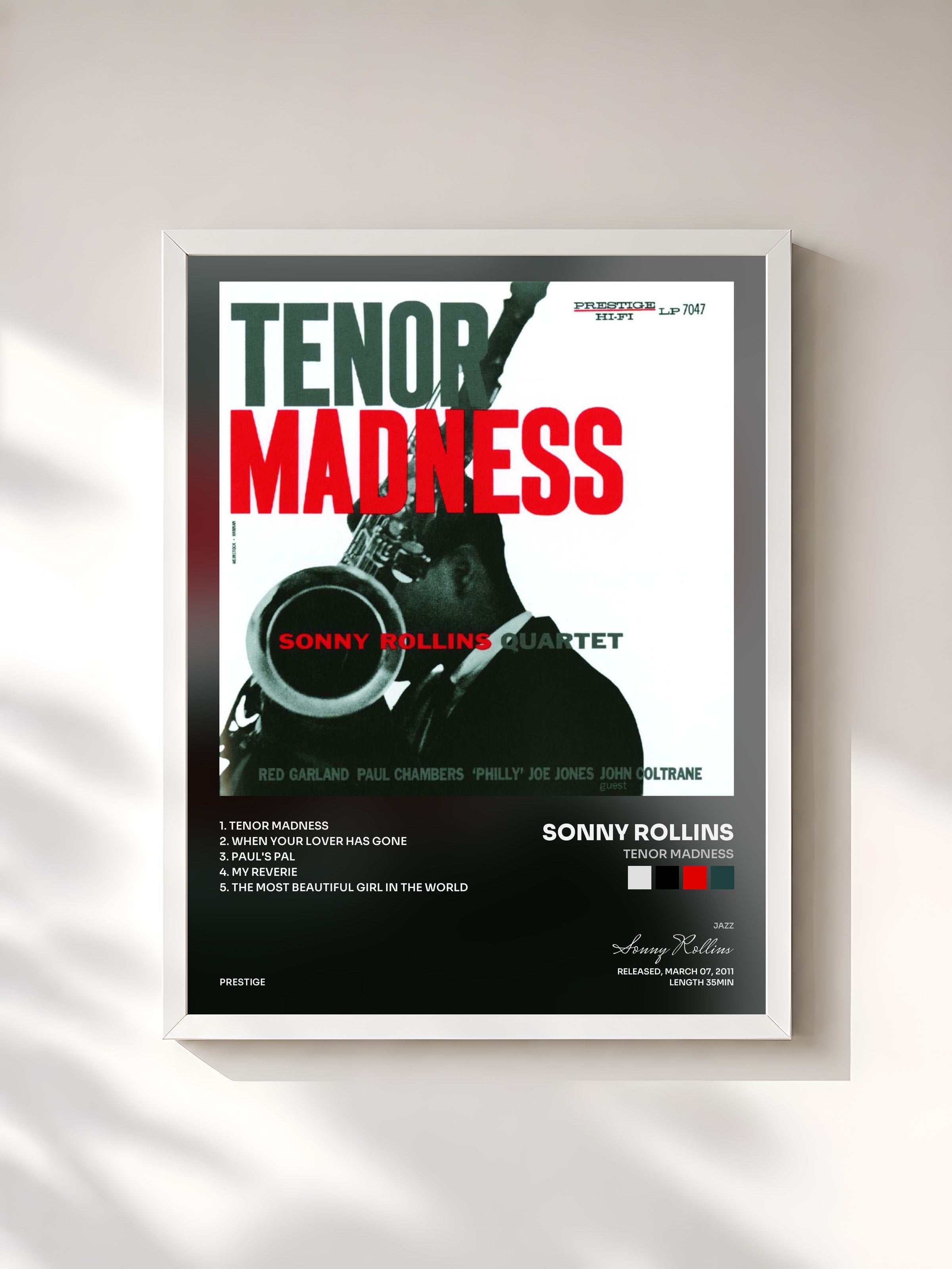 #blanc Tableau de l'album Tenor Madness de Sonny Rollins, cadre blanc, imprimé et encadré en France
