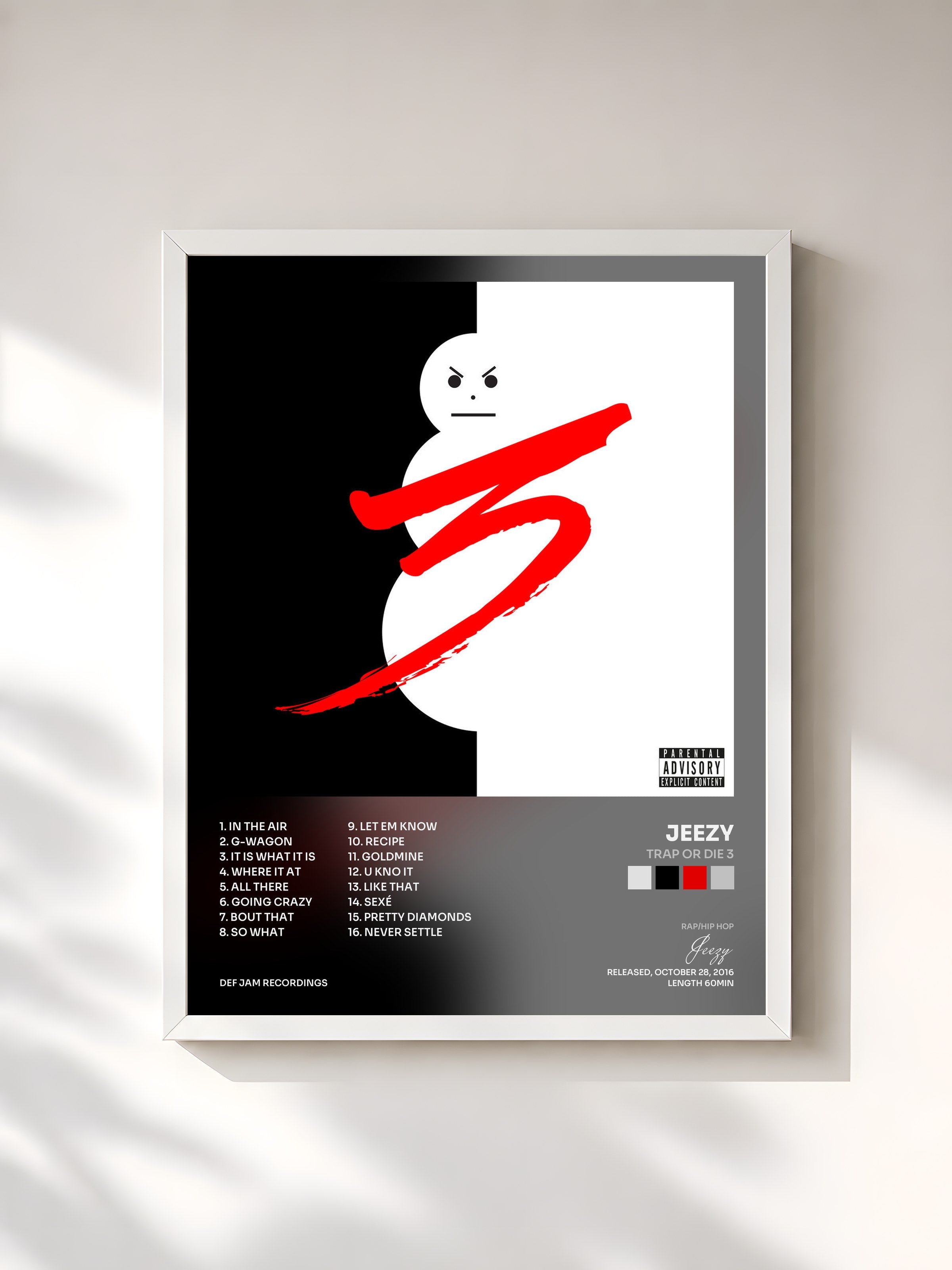 #blanc Tableau de l'album Trap Or Die 3 de Jeezy, cadre blanc, imprimé et encadré en France
