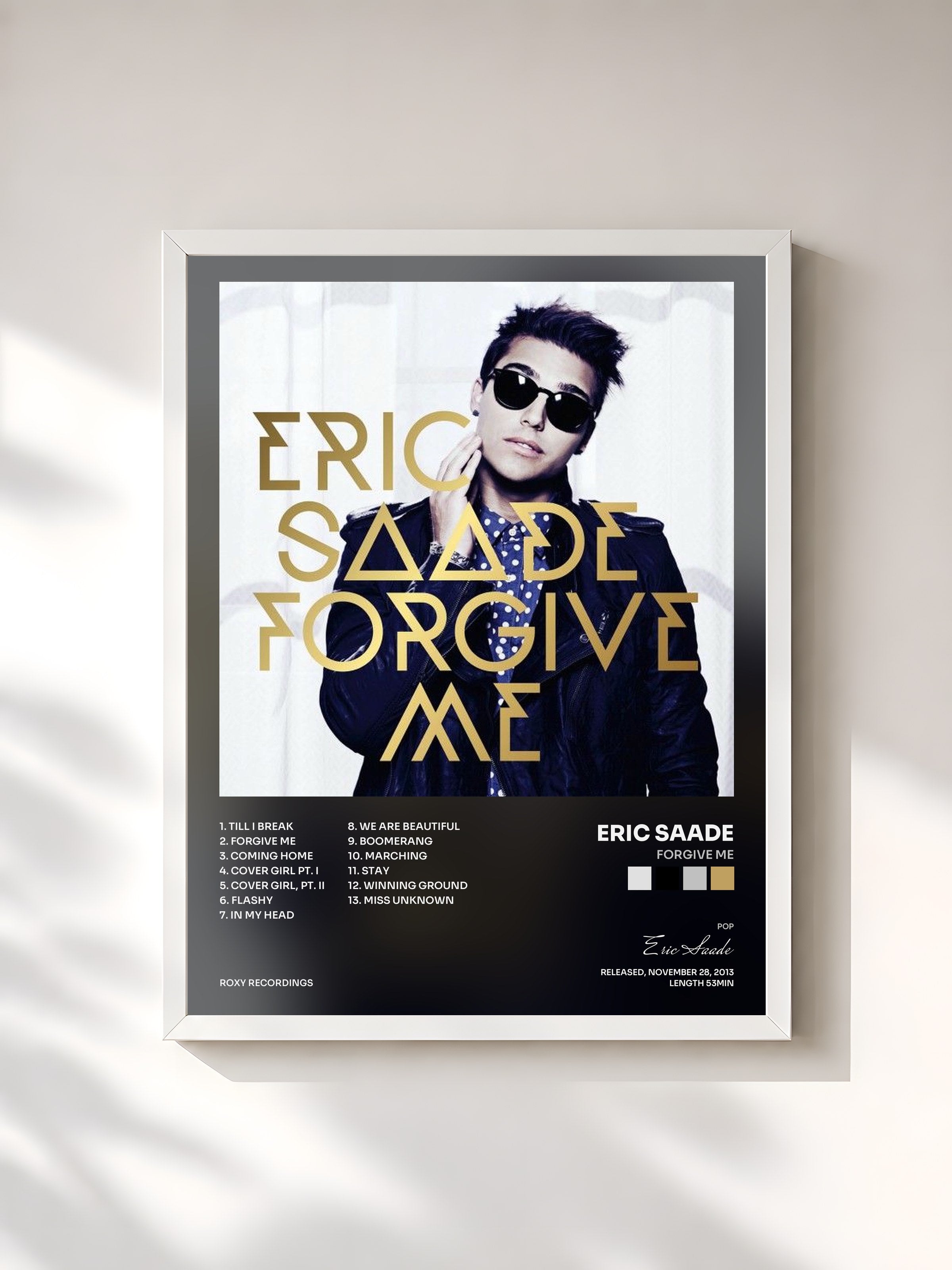 #blanc Tableau de l'album Forgive Me de Eric Saade, cadre blanc, imprimé et encadré en France