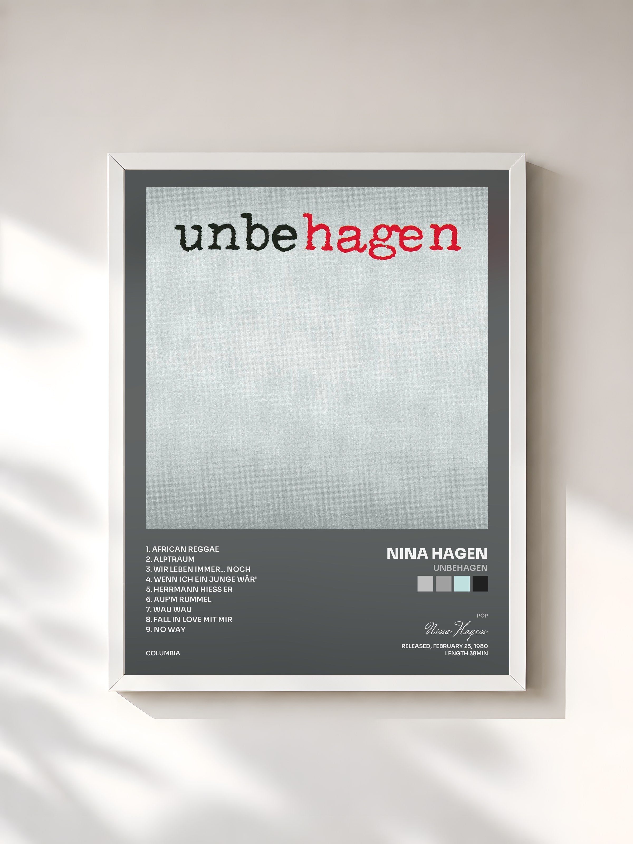 #blanc Tableau de l'album Unbehagen de Nina Hagen, cadre blanc, imprimé et encadré en France