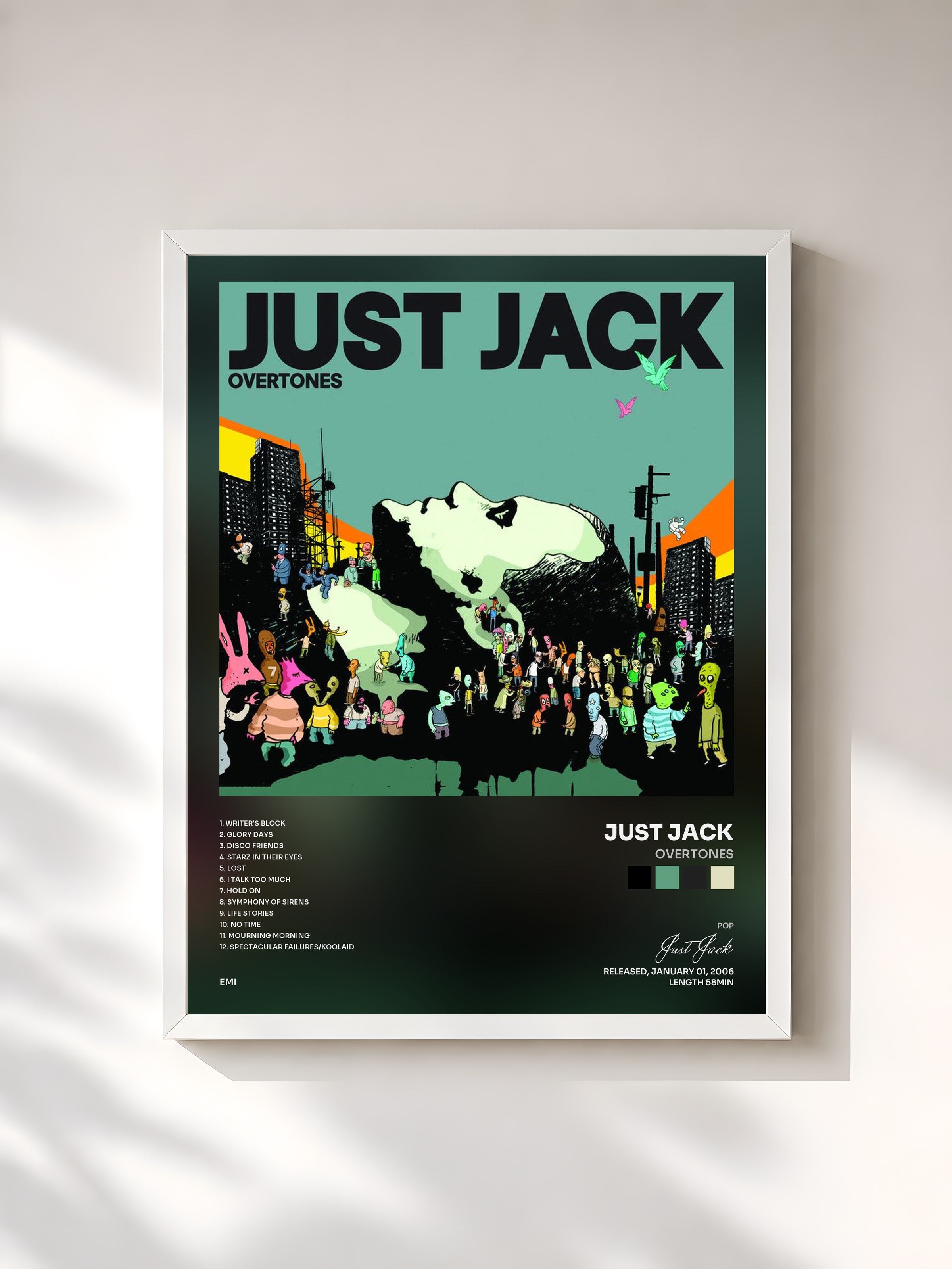 #blanc Tableau de l'album Overtones de Just Jack, cadre blanc, imprimé et encadré en France
