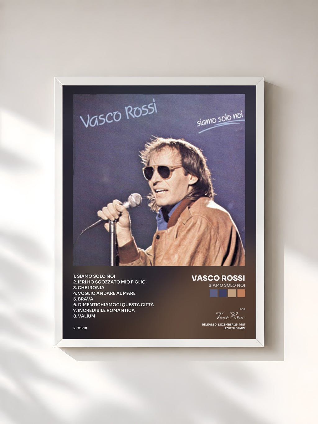 #blanc Tableau de l'album Siamo Solo Noi de Vasco Rossi, cadre blanc, imprimé et encadré en France