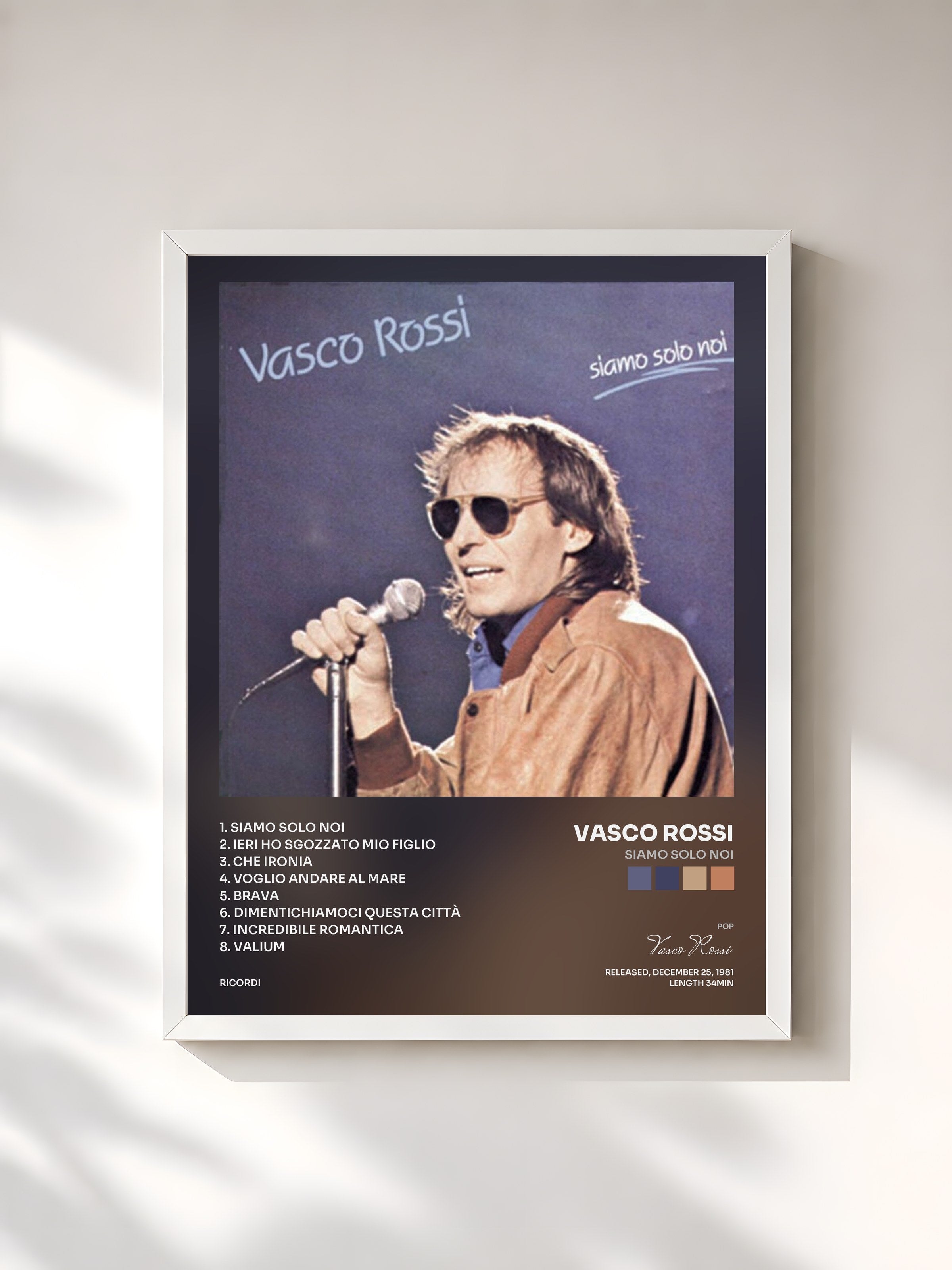 #blanc Tableau de l'album Siamo Solo Noi de Vasco Rossi, cadre blanc, imprimé et encadré en France