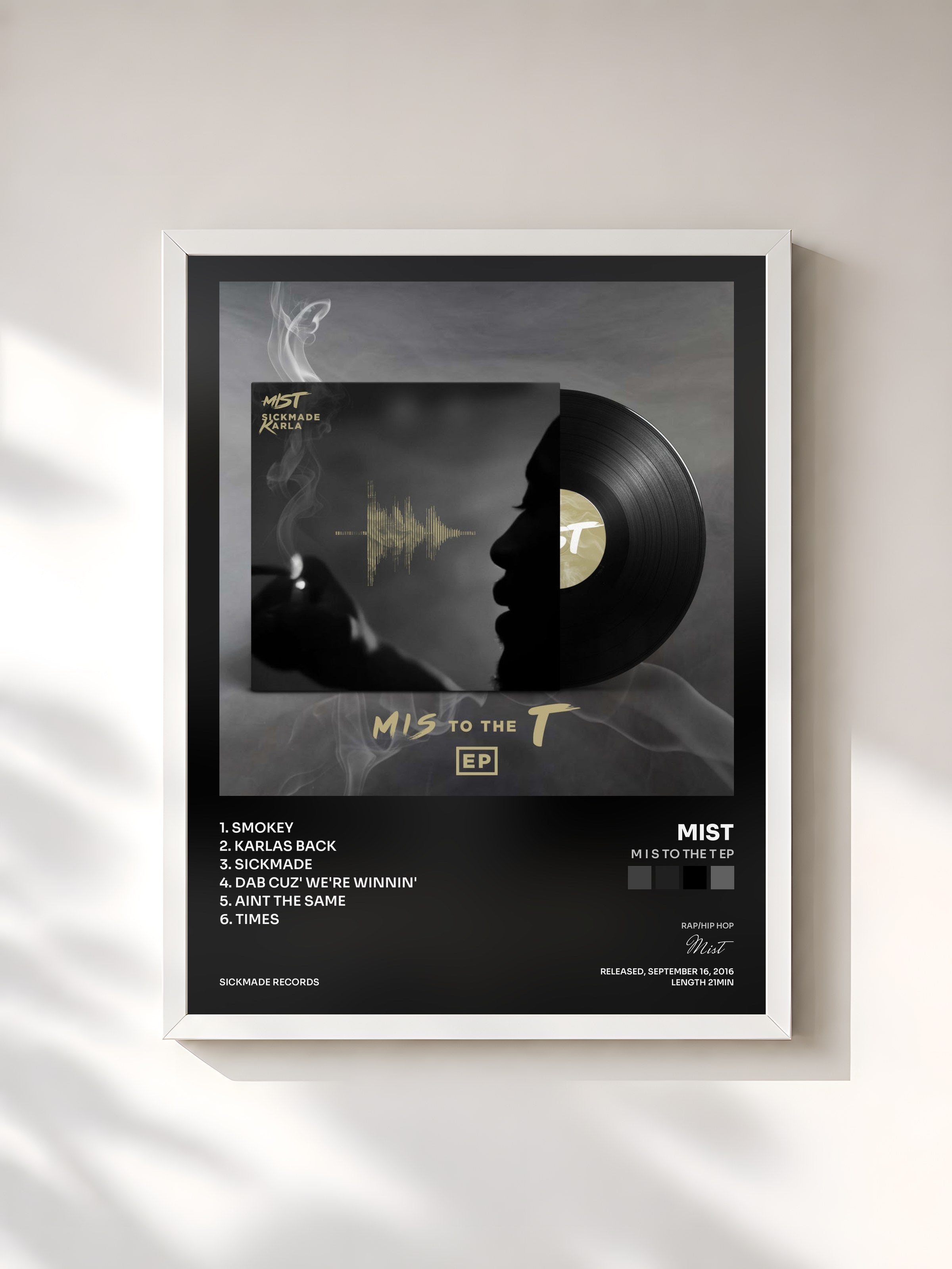 #blanc Tableau de l'album M I S To The T EP de Mist, cadre blanc, imprimé et encadré en France
