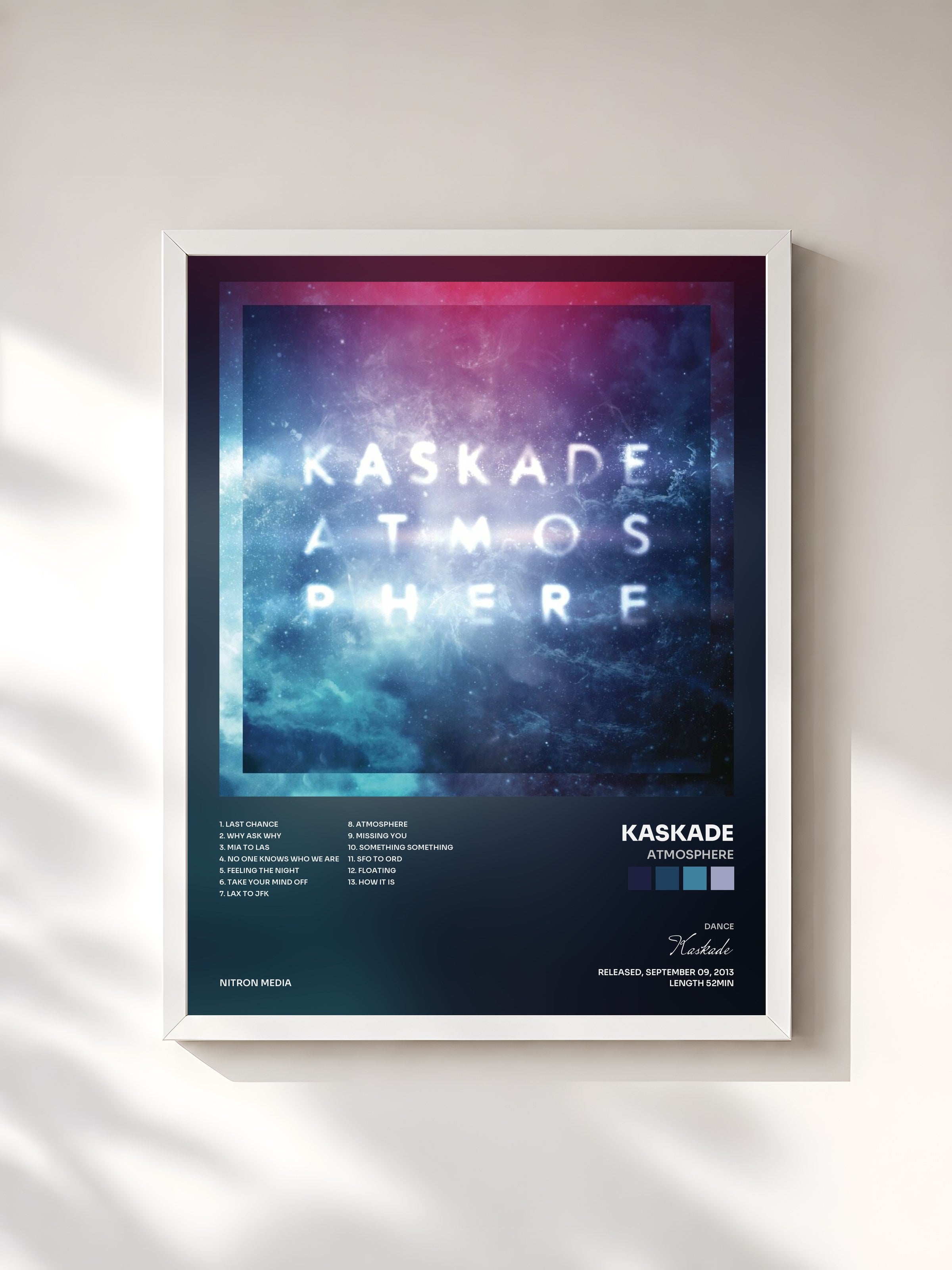#blanc Tableau de l'album Atmosphere de Kaskade, cadre blanc, imprimé et encadré en France
