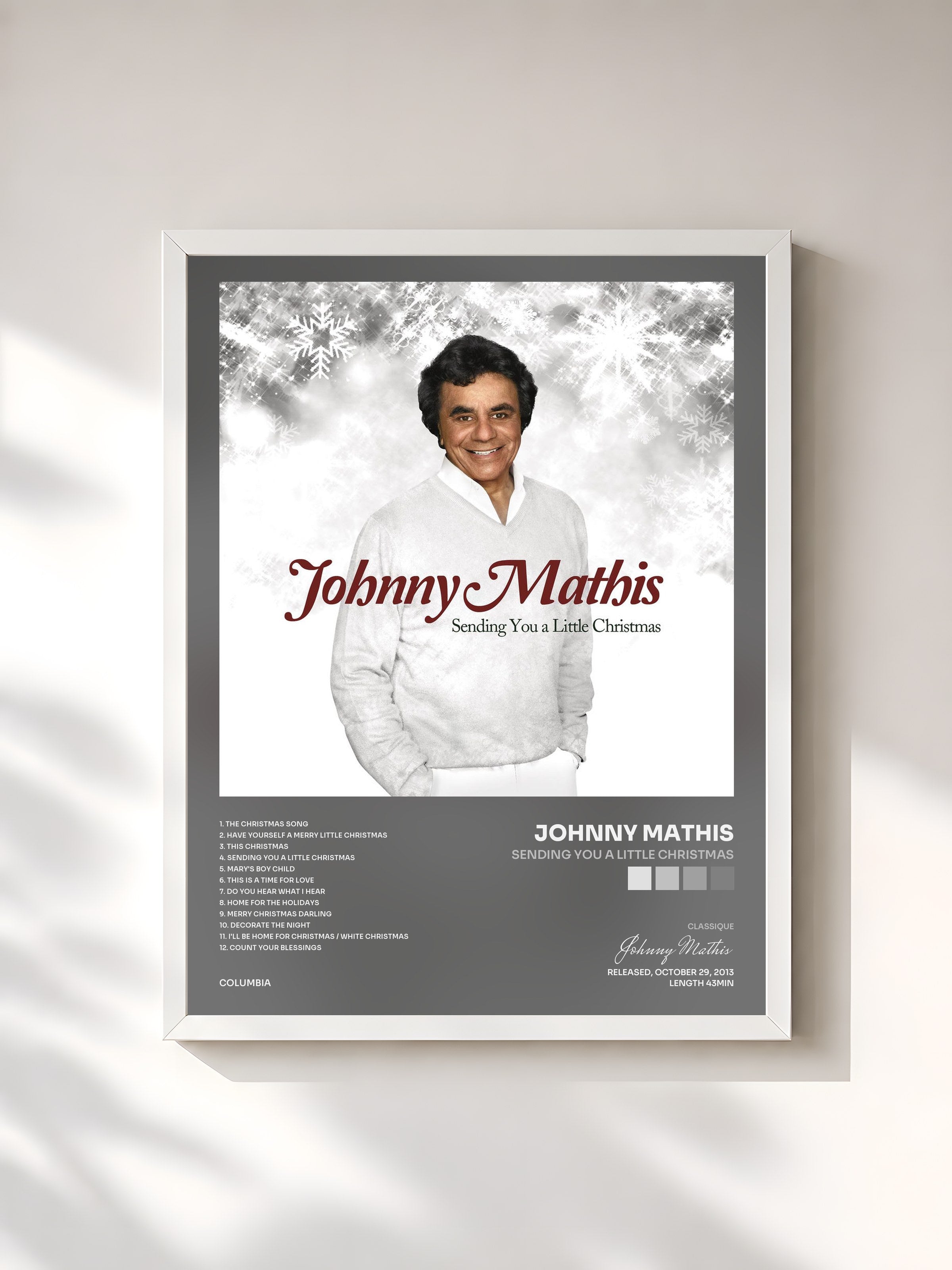#blanc Tableau de l'album Sending You a Little Christmas de Johnny Mathis, cadre blanc, imprimé et encadré en France