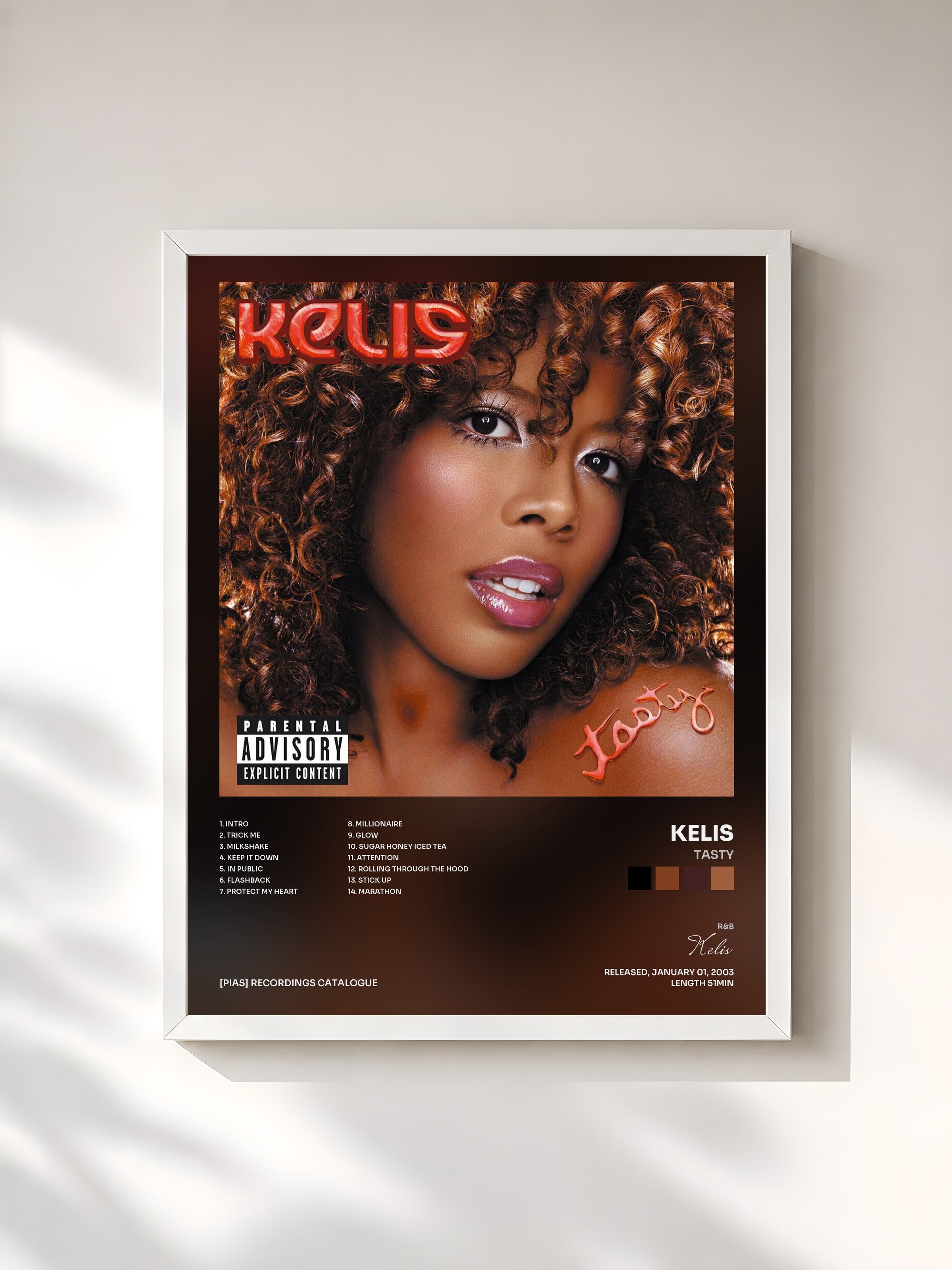 #blanc Tableau de l'album Tasty de Kelis, cadre blanc, imprimé et encadré en France