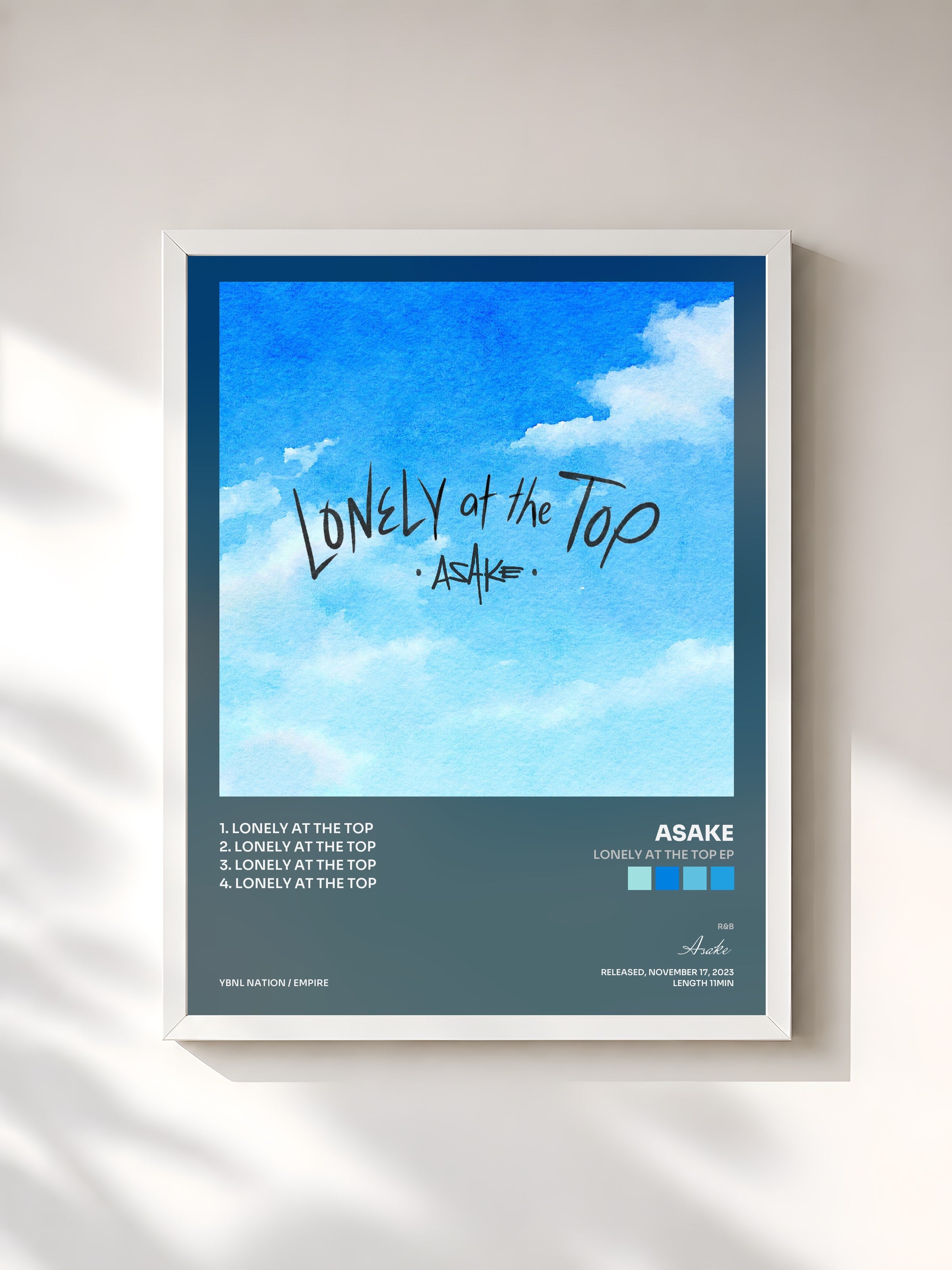 #blanc Tableau de l'album Lonely At The Top EP de Asake, cadre blanc, imprimé et encadré en France