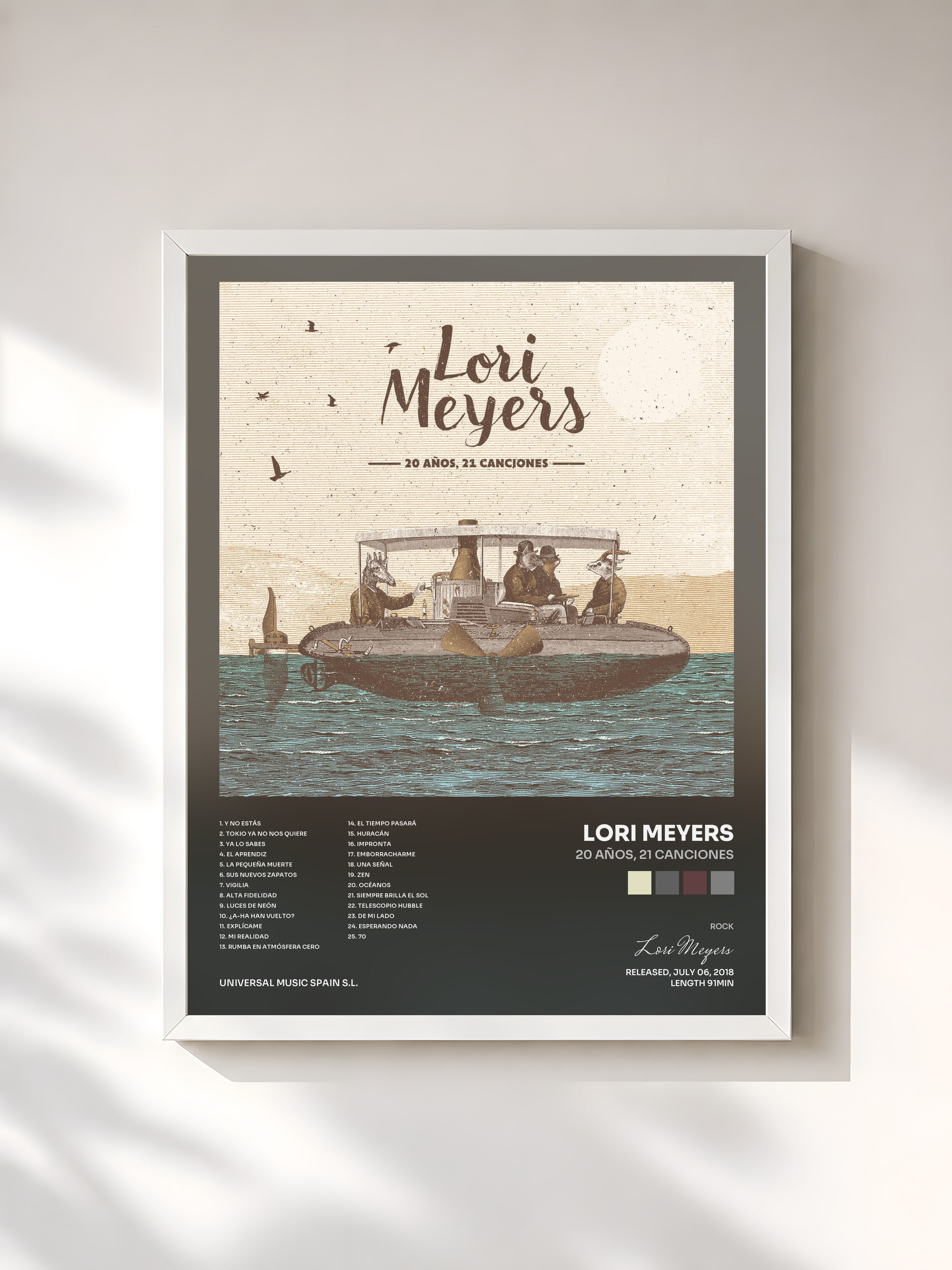 #blanc Tableau de l'album 20 Años, 21 Canciones de Lori Meyers, cadre blanc, imprimé et encadré en France