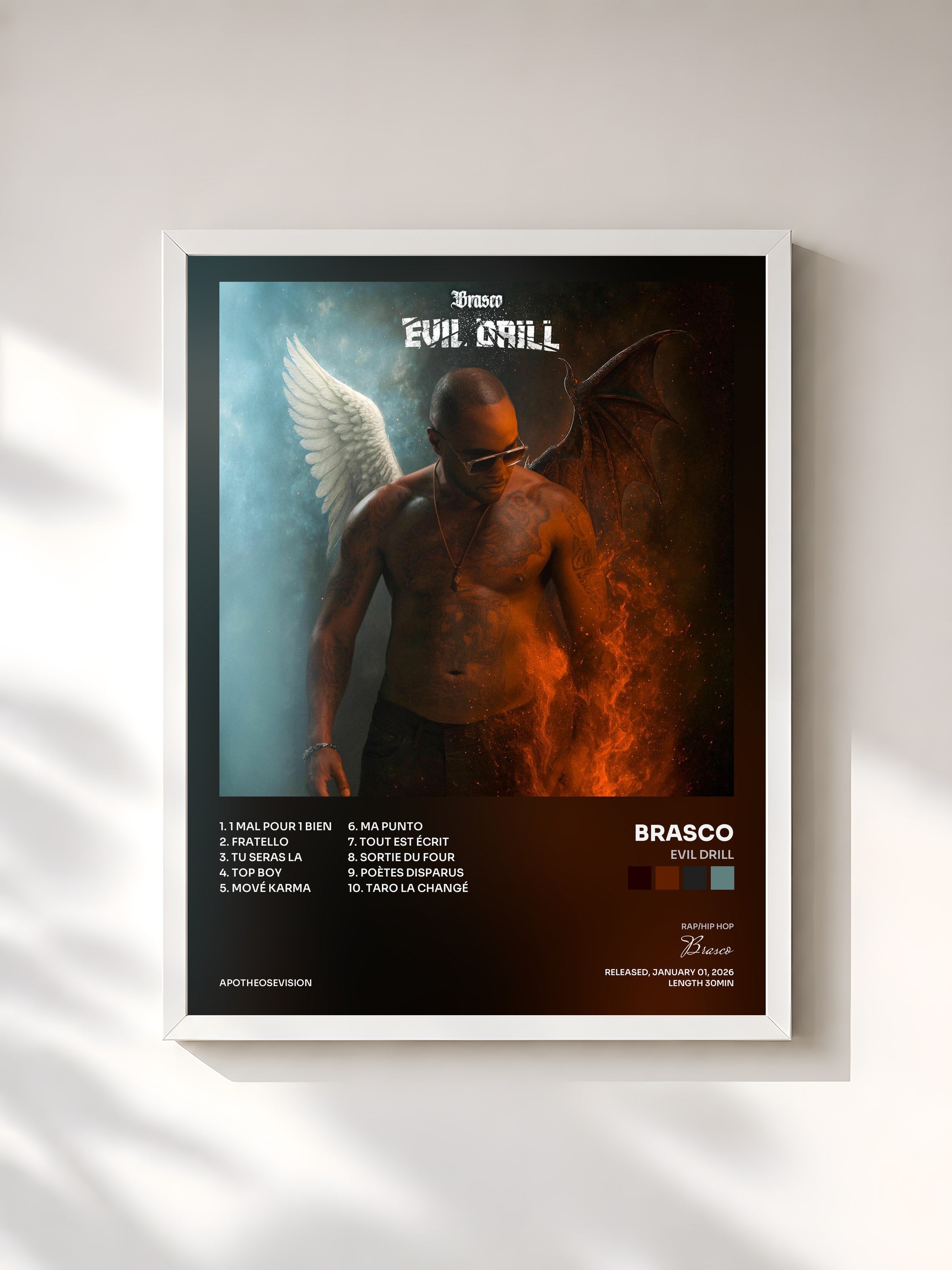 #blanc Tableau de l'album Evil Drill de Brasco, cadre blanc, imprimé et encadré en France