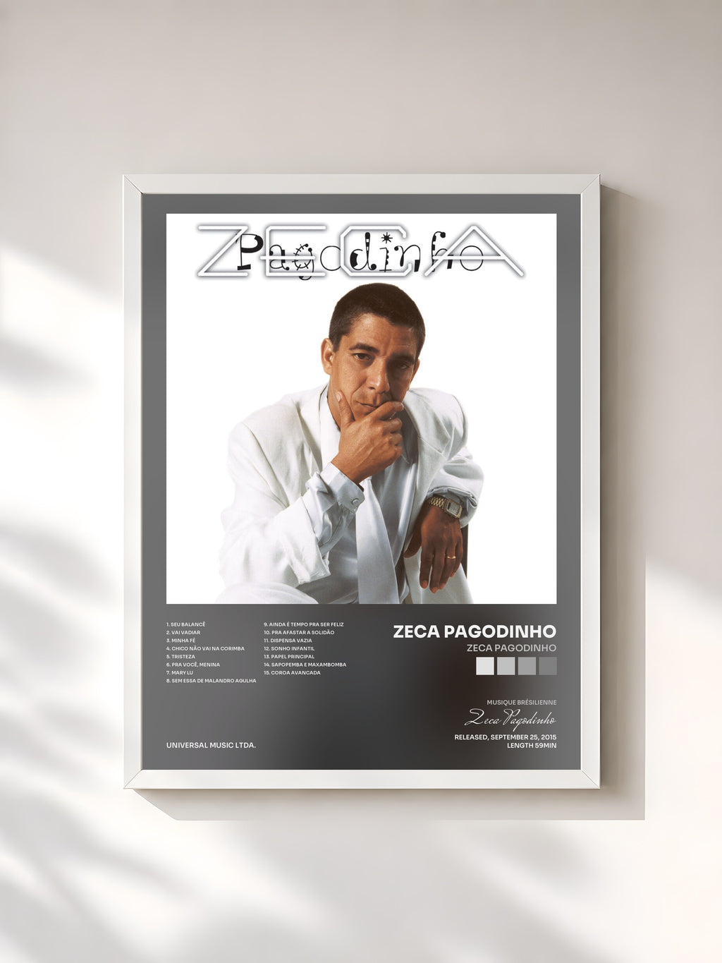 #blanc Tableau de l'album Zeca Pagodinho de Zeca Pagodinho, cadre blanc, imprimé et encadré en France