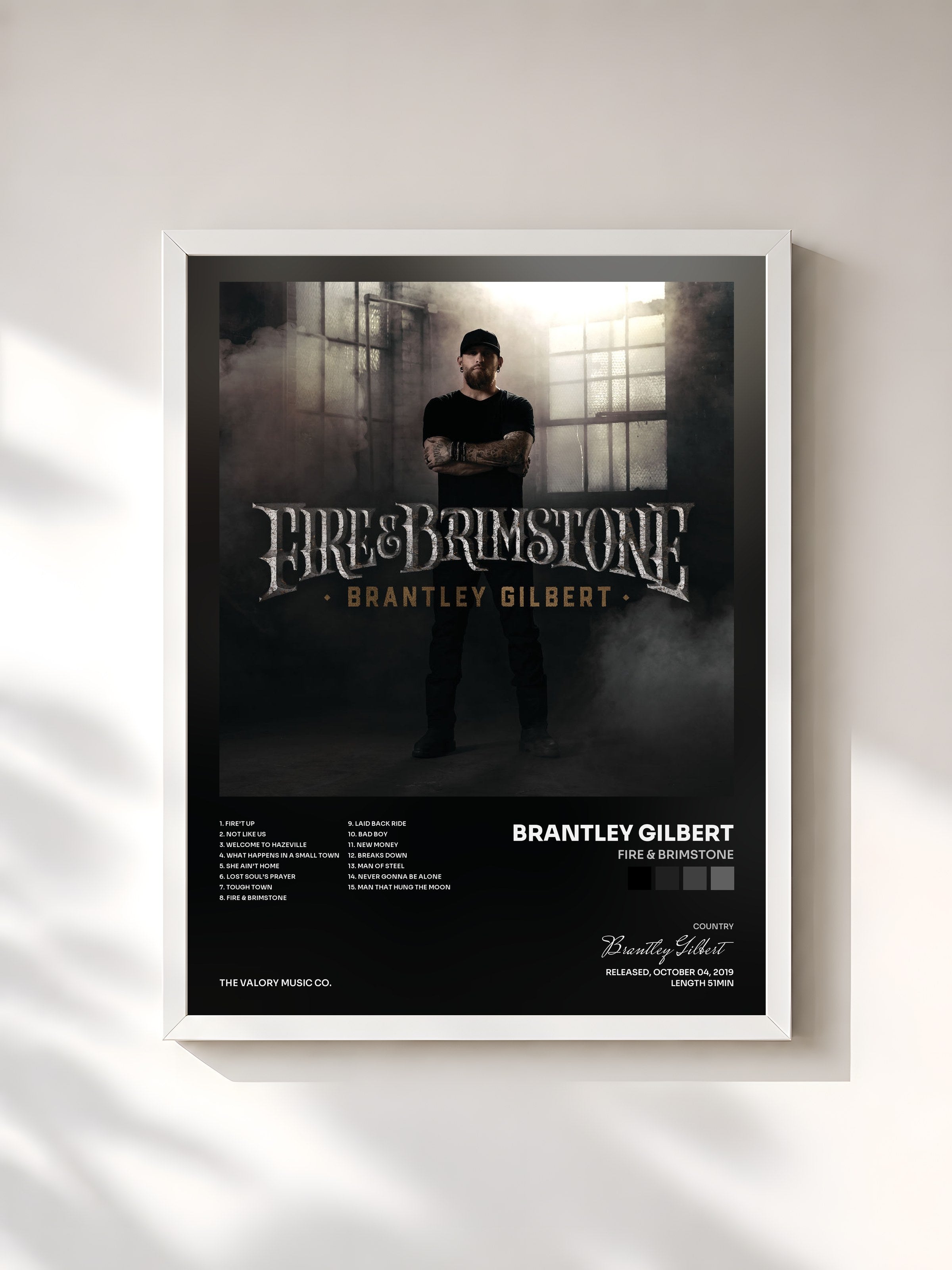 #blanc Tableau de l'album Fire & Brimstone de Brantley Gilbert, cadre blanc, imprimé et encadré en France