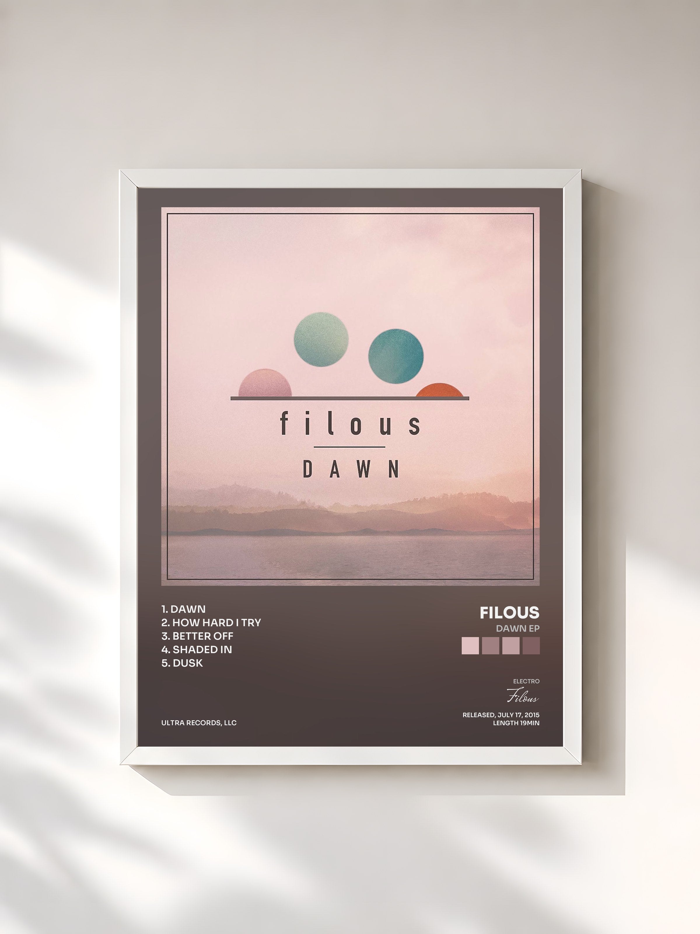 #blanc Tableau de l'album Dawn EP de Filous, cadre blanc, imprimé et encadré en France
