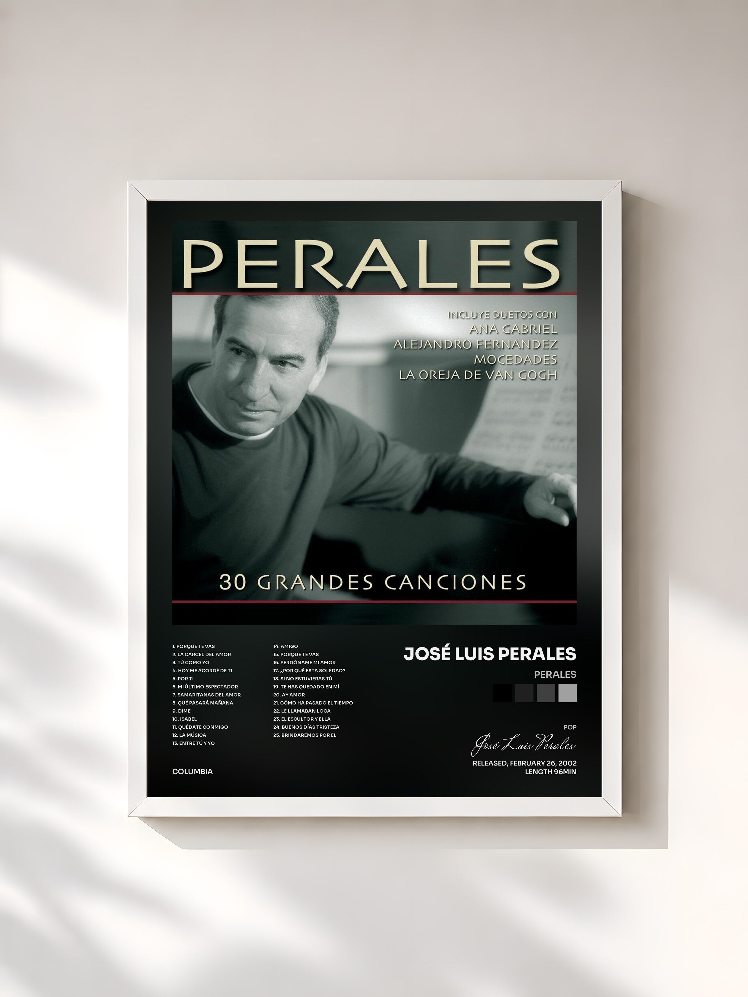 #blanc Tableau de l'album Perales de José Luis Perales, cadre blanc, imprimé et encadré en France