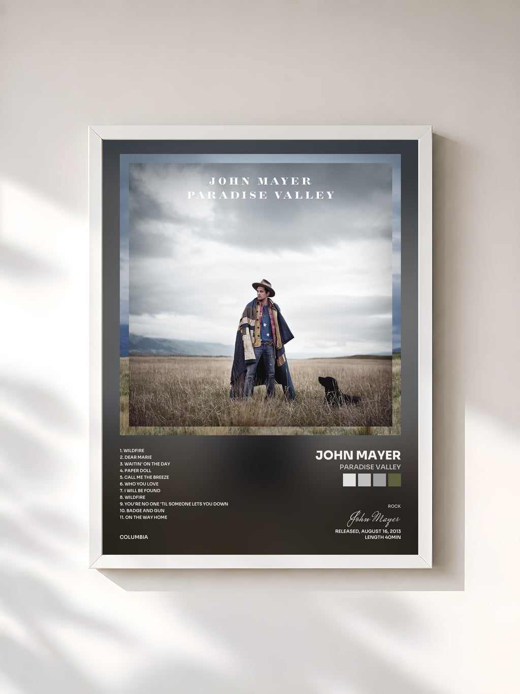 #blanc Tableau de l'album Paradise Valley de John Mayer, cadre blanc, imprimé et encadré en France