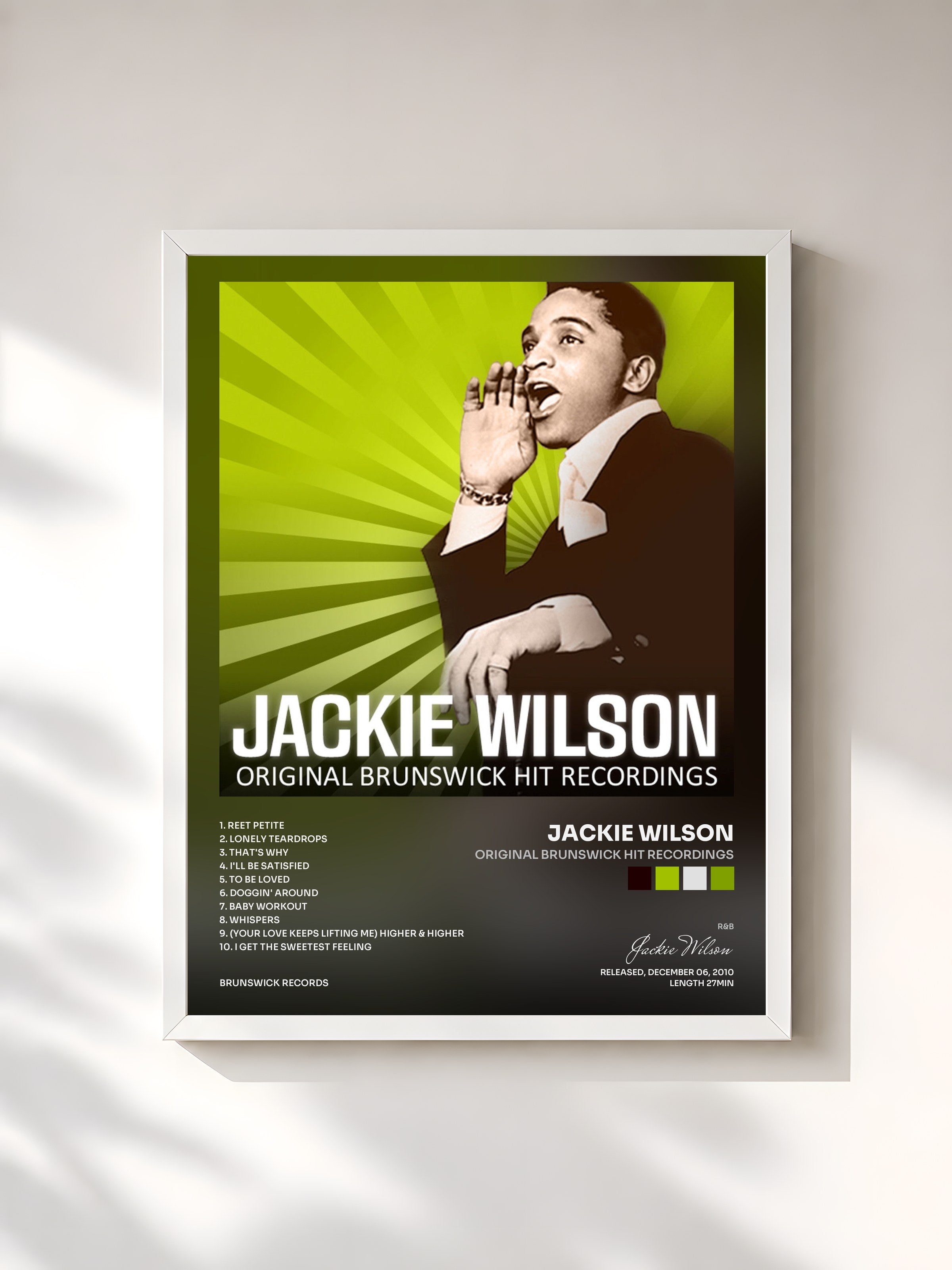 #blanc Tableau de l'album Original Brunswick Hit Recordings de Jackie Wilson, cadre blanc, imprimé et encadré en France