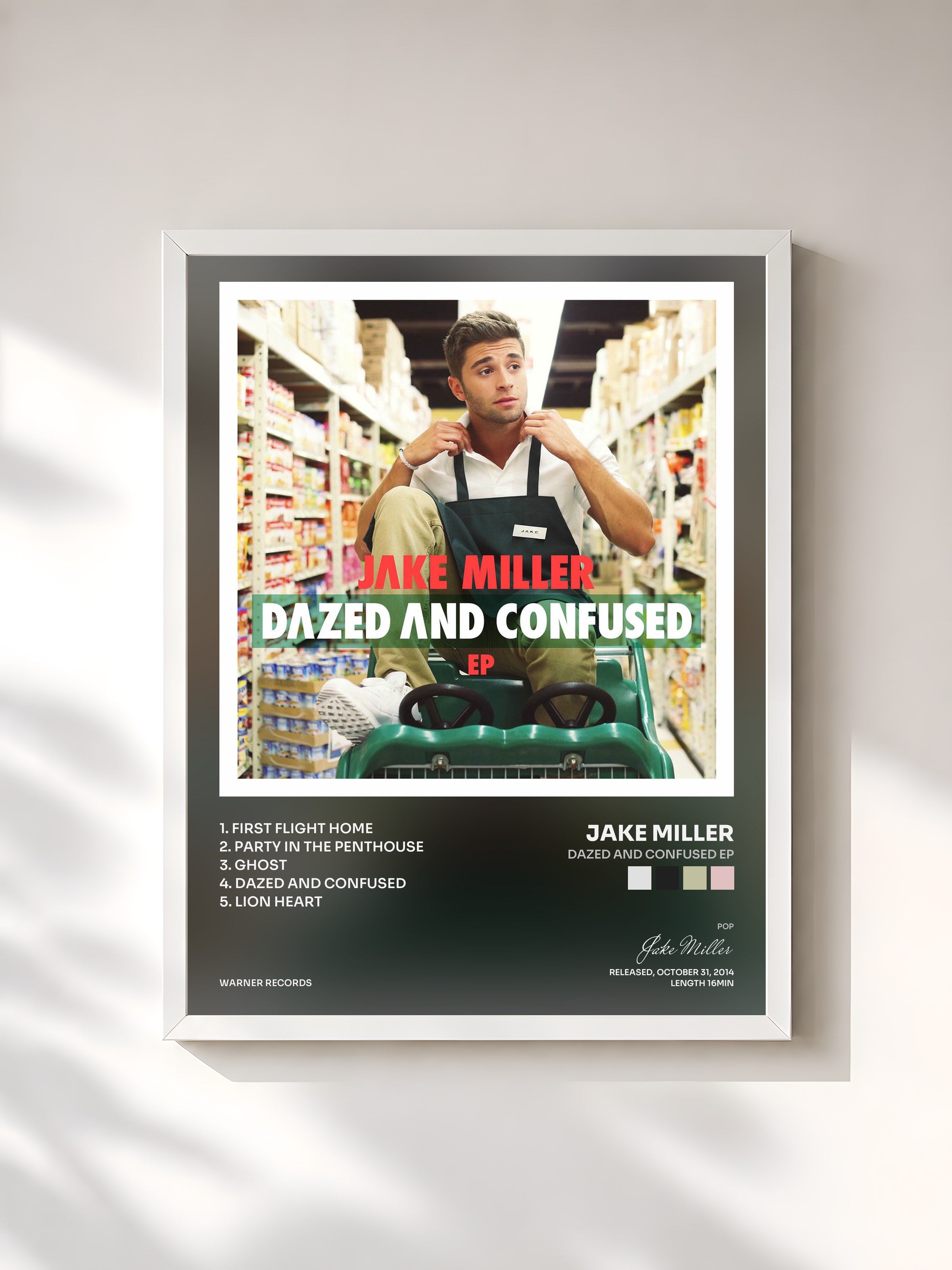 #blanc Tableau de l'album Dazed and Confused EP de Jake Miller, cadre blanc, imprimé et encadré en France