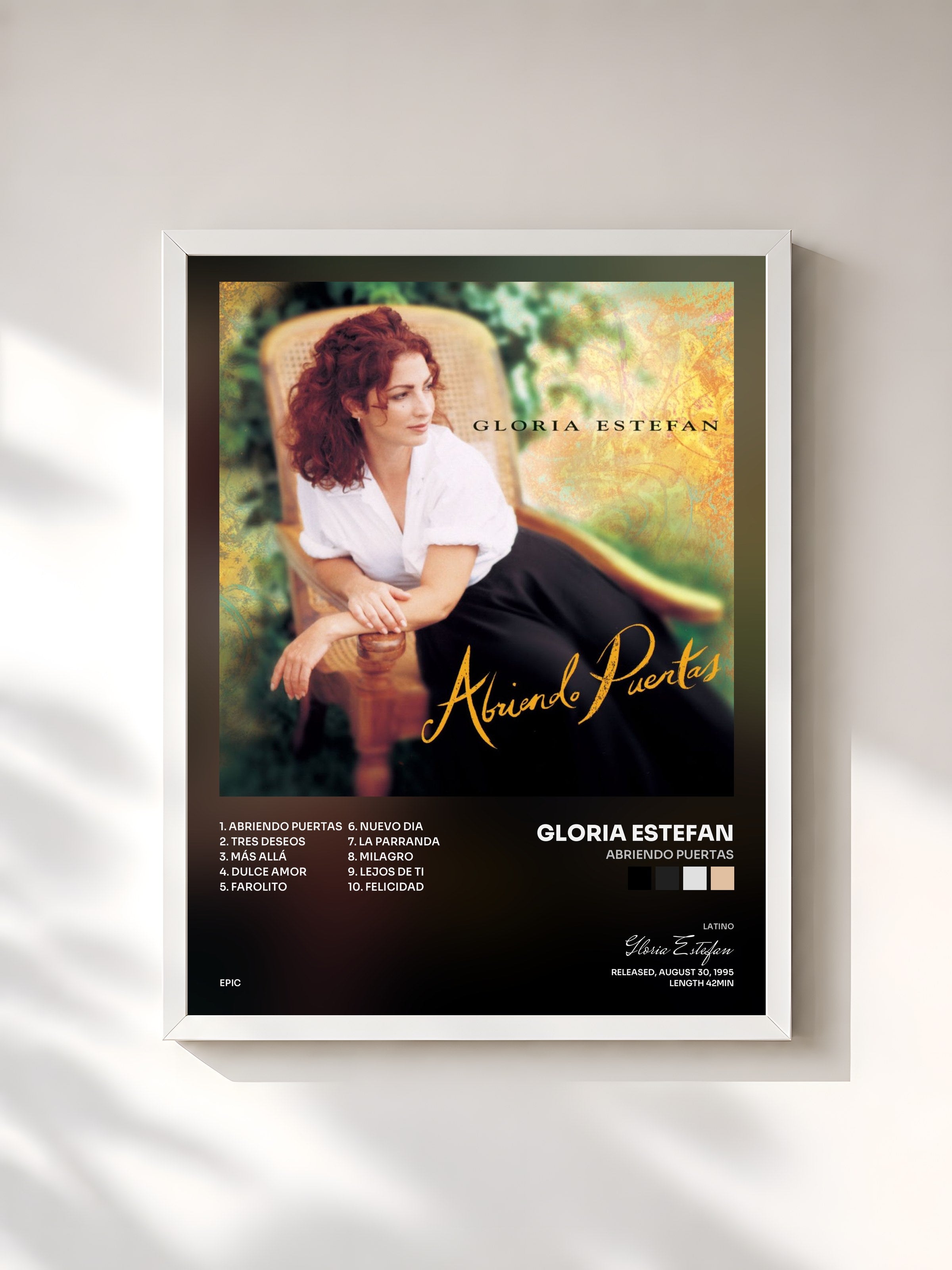 #blanc Tableau de l'album Abriendo Puertas de Gloria Estefan, cadre blanc, imprimé et encadré en France