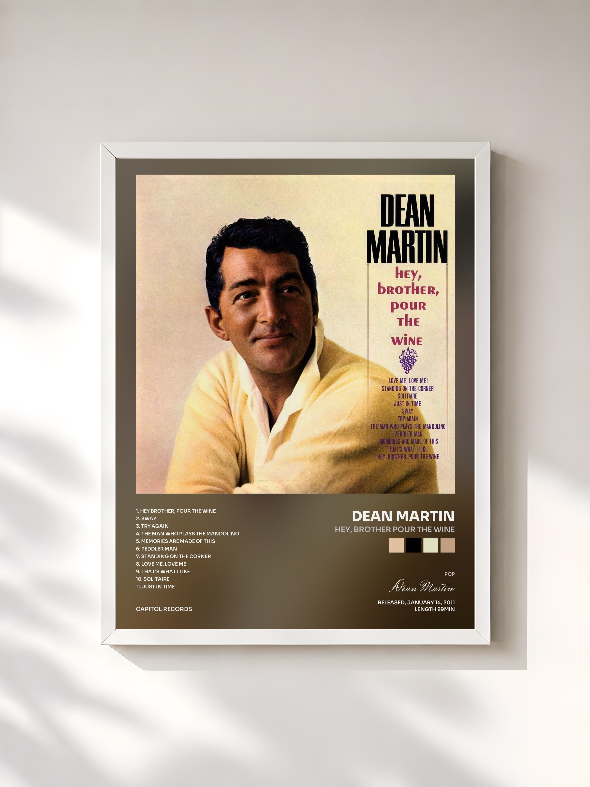 #blanc Tableau de l'album Hey, Brother Pour The Wine de Dean Martin, cadre blanc, imprimé et encadré en France