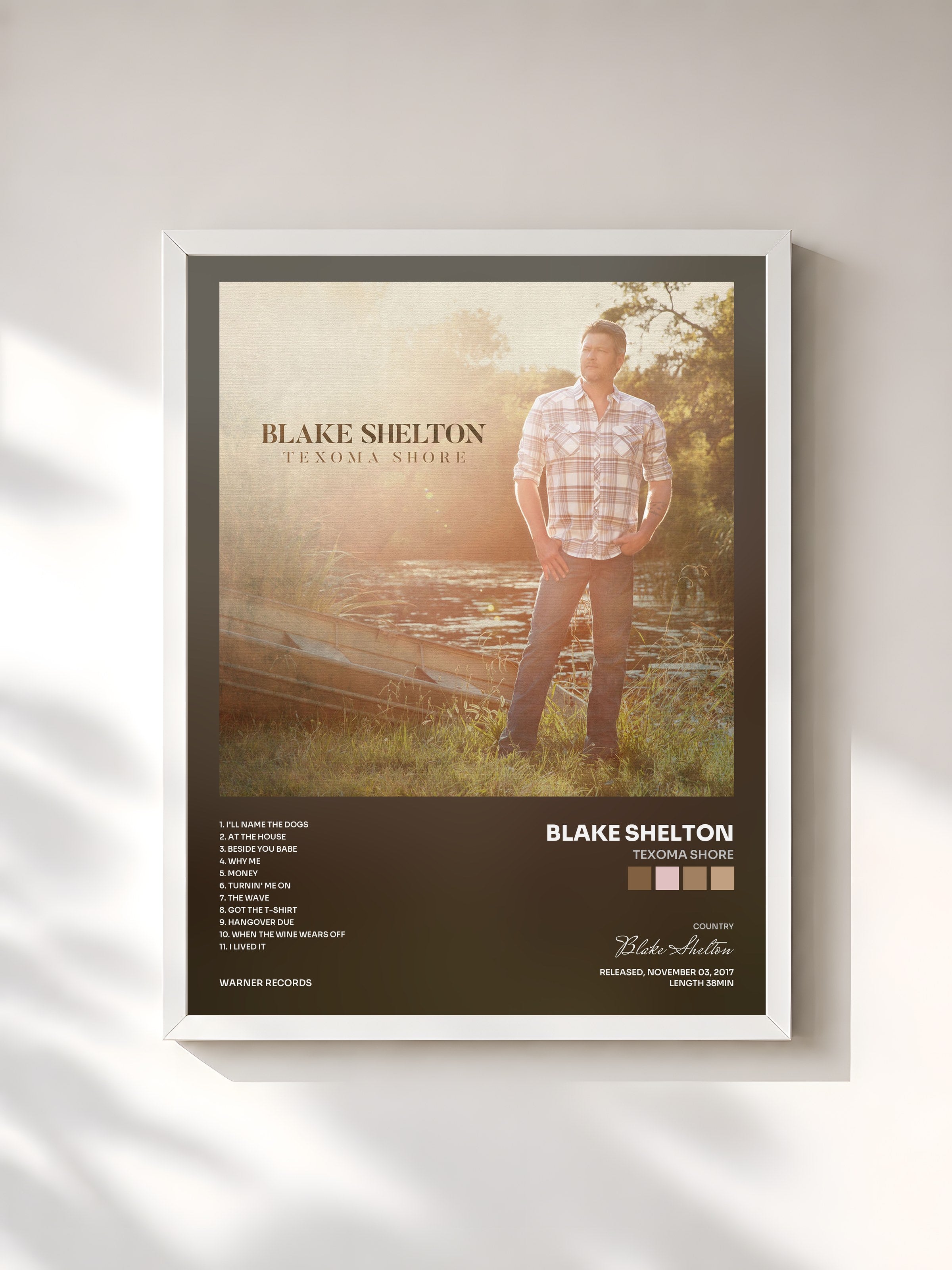 #blanc Tableau de l'album Texoma Shore de Blake Shelton, cadre blanc, imprimé et encadré en France
