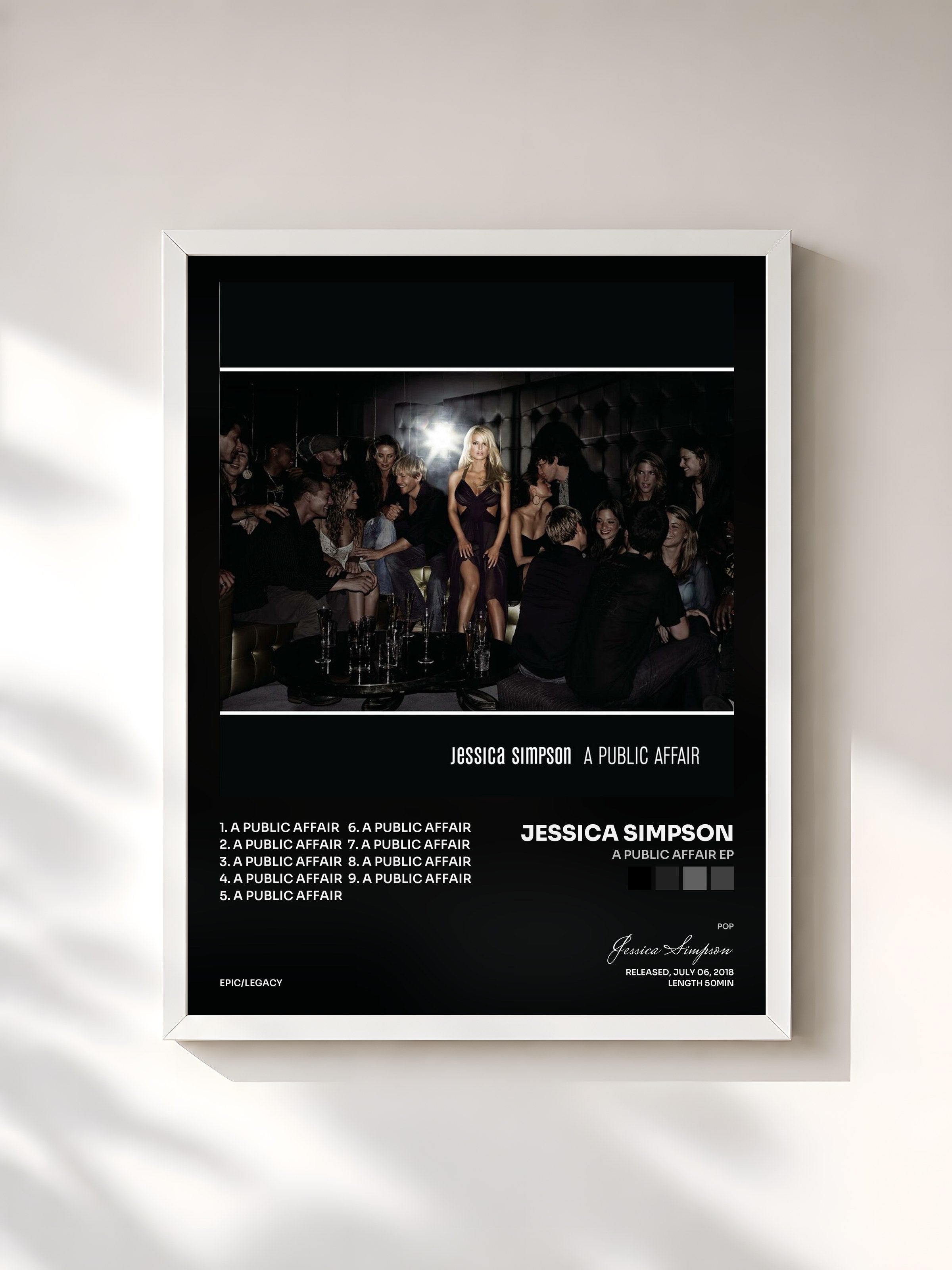 #blanc Tableau de l'album A Public Affair EP de Jessica Simpson, cadre blanc, imprimé et encadré en France