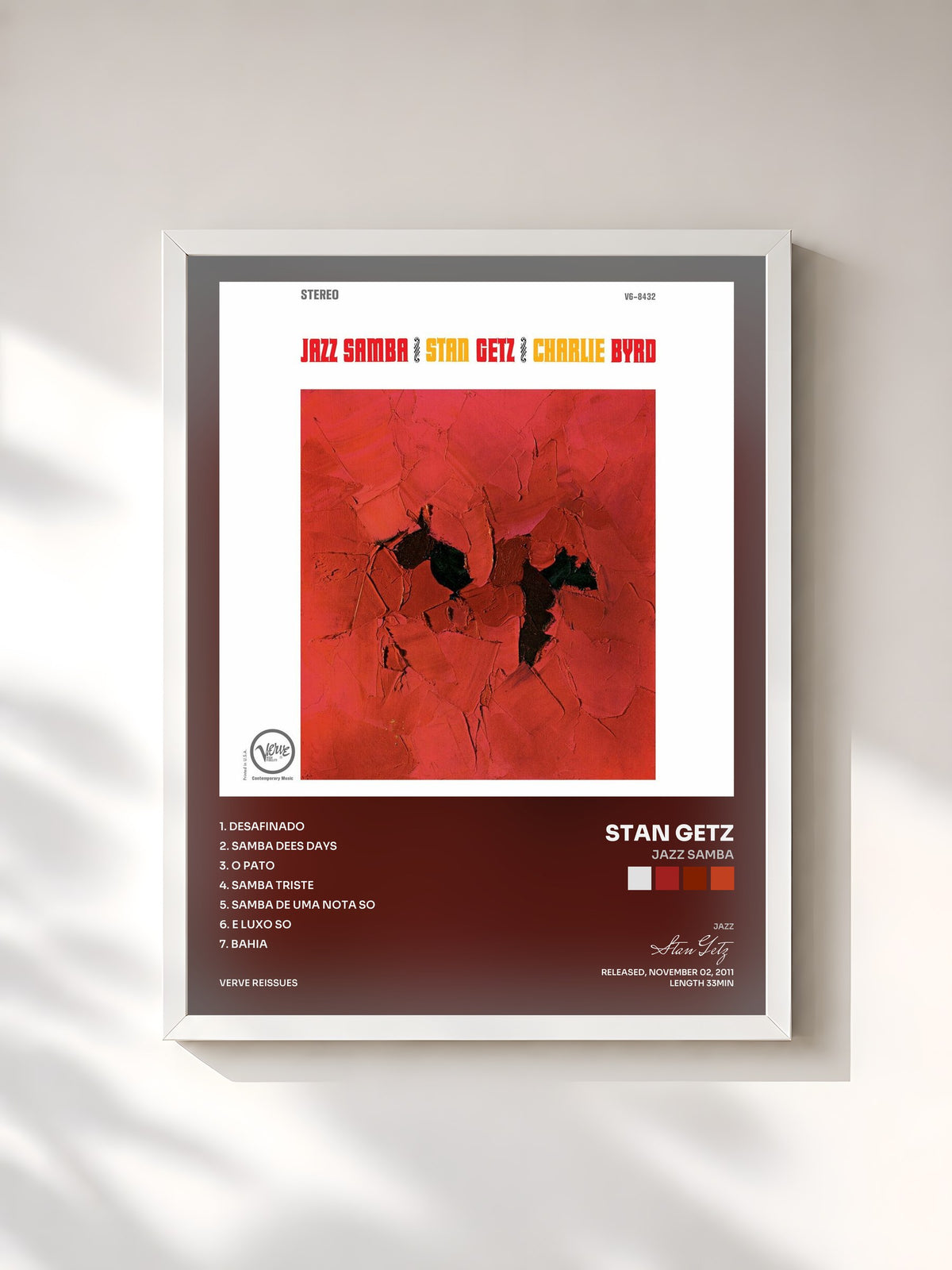 #blanc Tableau de l'album Jazz Samba de Stan Getz, cadre blanc, imprimé et encadré en France