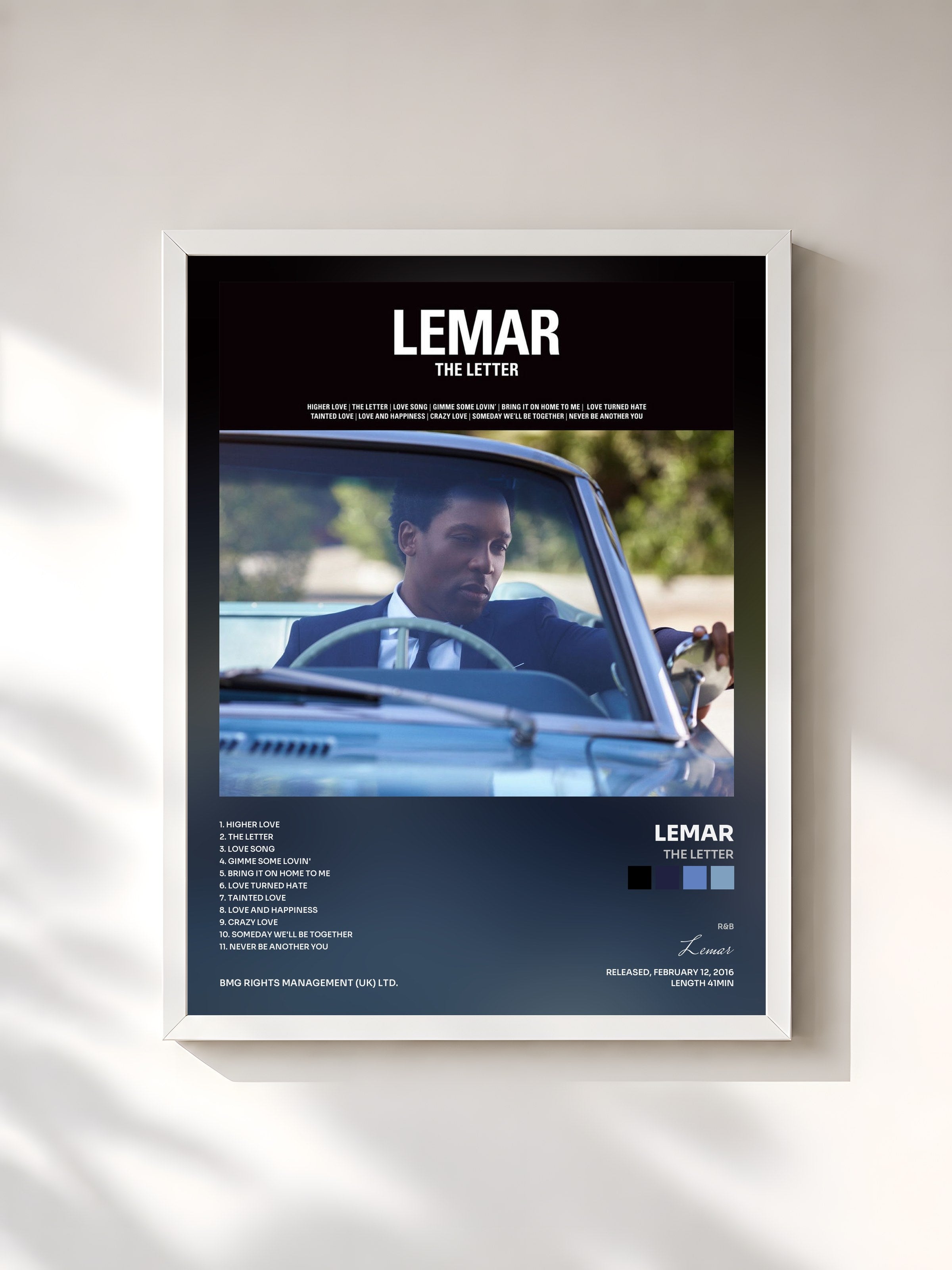 #blanc Tableau de l'album The Letter de Lemar, cadre blanc, imprimé et encadré en France
