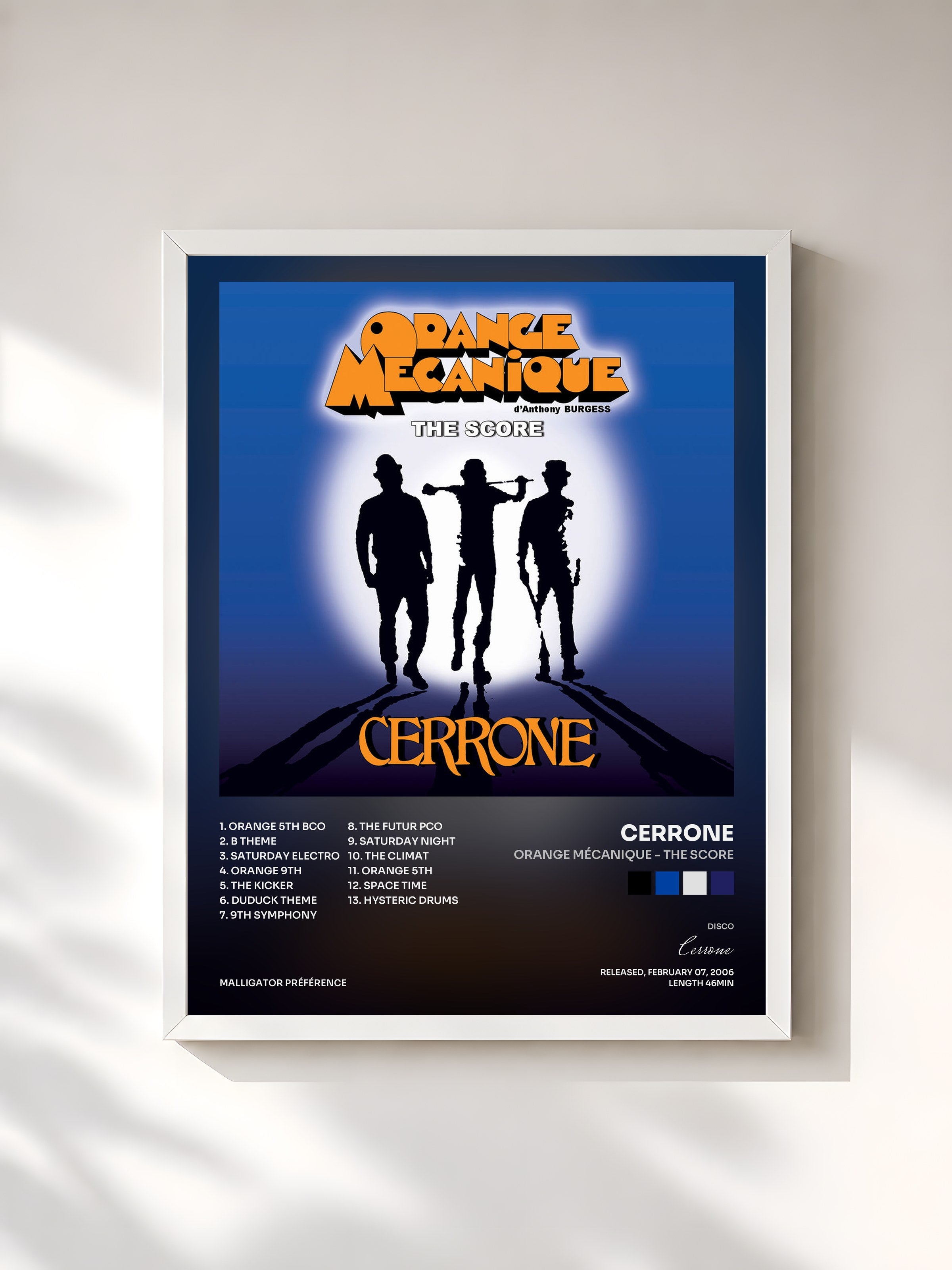 #blanc Tableau de l'album Orange Mécanique - The Score de Cerrone, cadre blanc, imprimé et encadré en France
