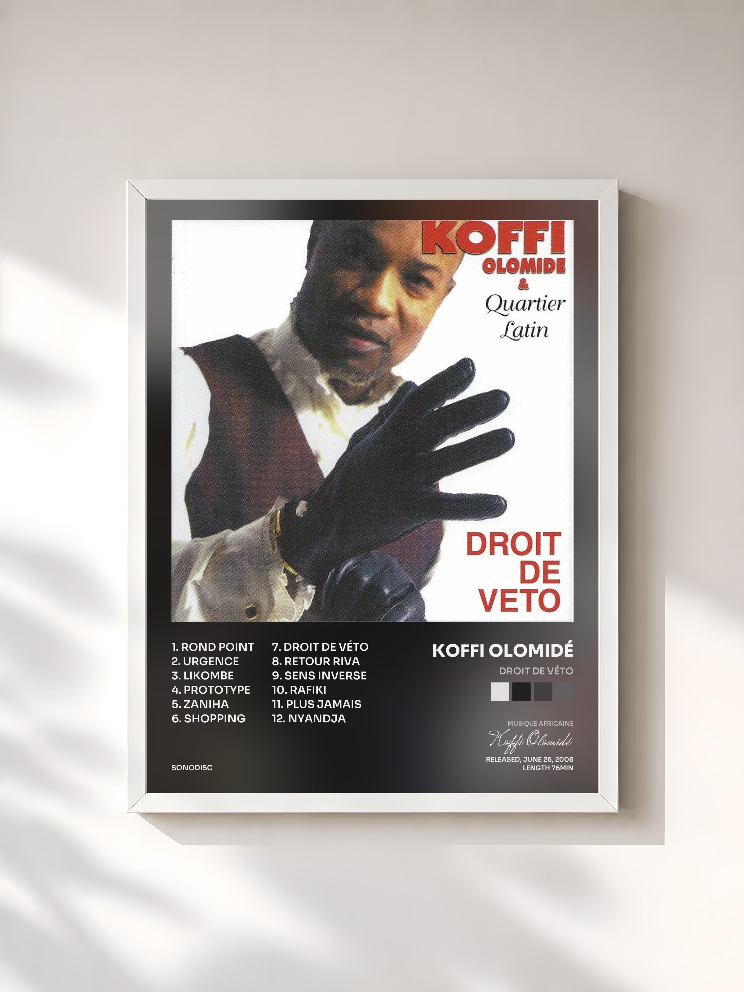 #blanc Tableau de l'album Droit de véto de Koffi Olomidé, cadre blanc, imprimé et encadré en France