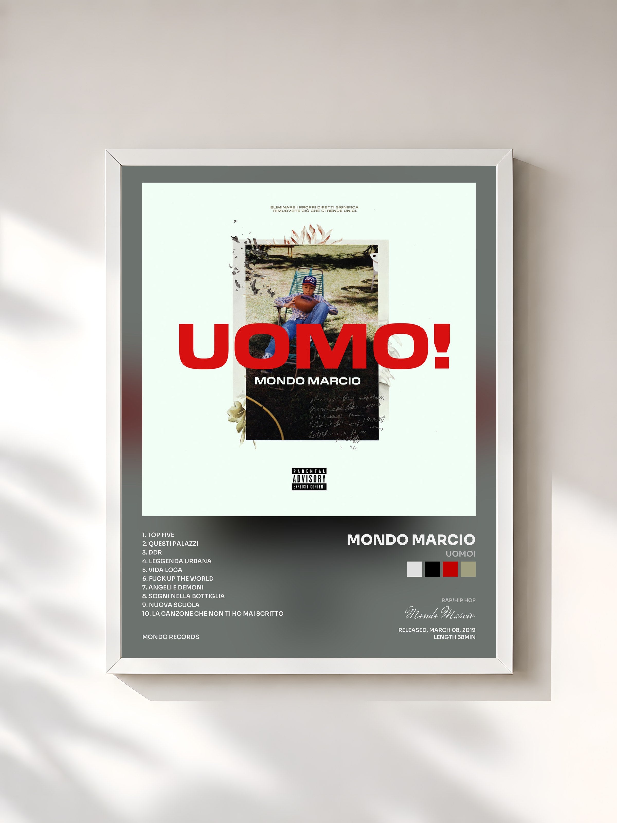 #blanc Tableau de l'album UOMO! de Mondo Marcio, cadre blanc, imprimé et encadré en France