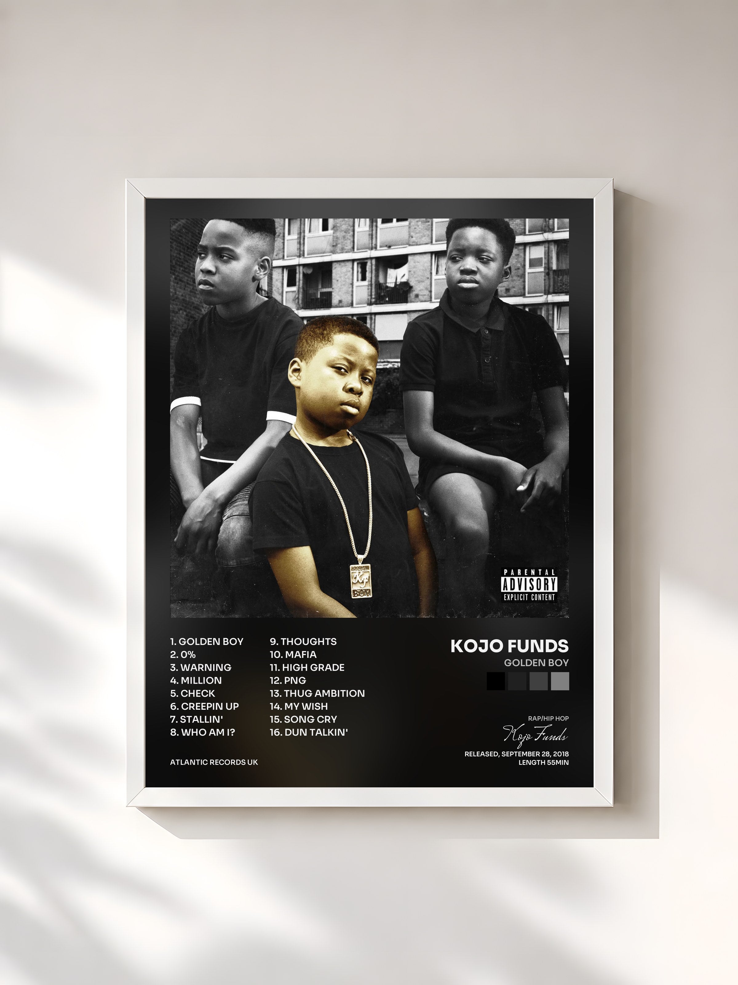 #blanc Tableau de l'album Golden Boy de Kojo Funds, cadre blanc, imprimé et encadré en France