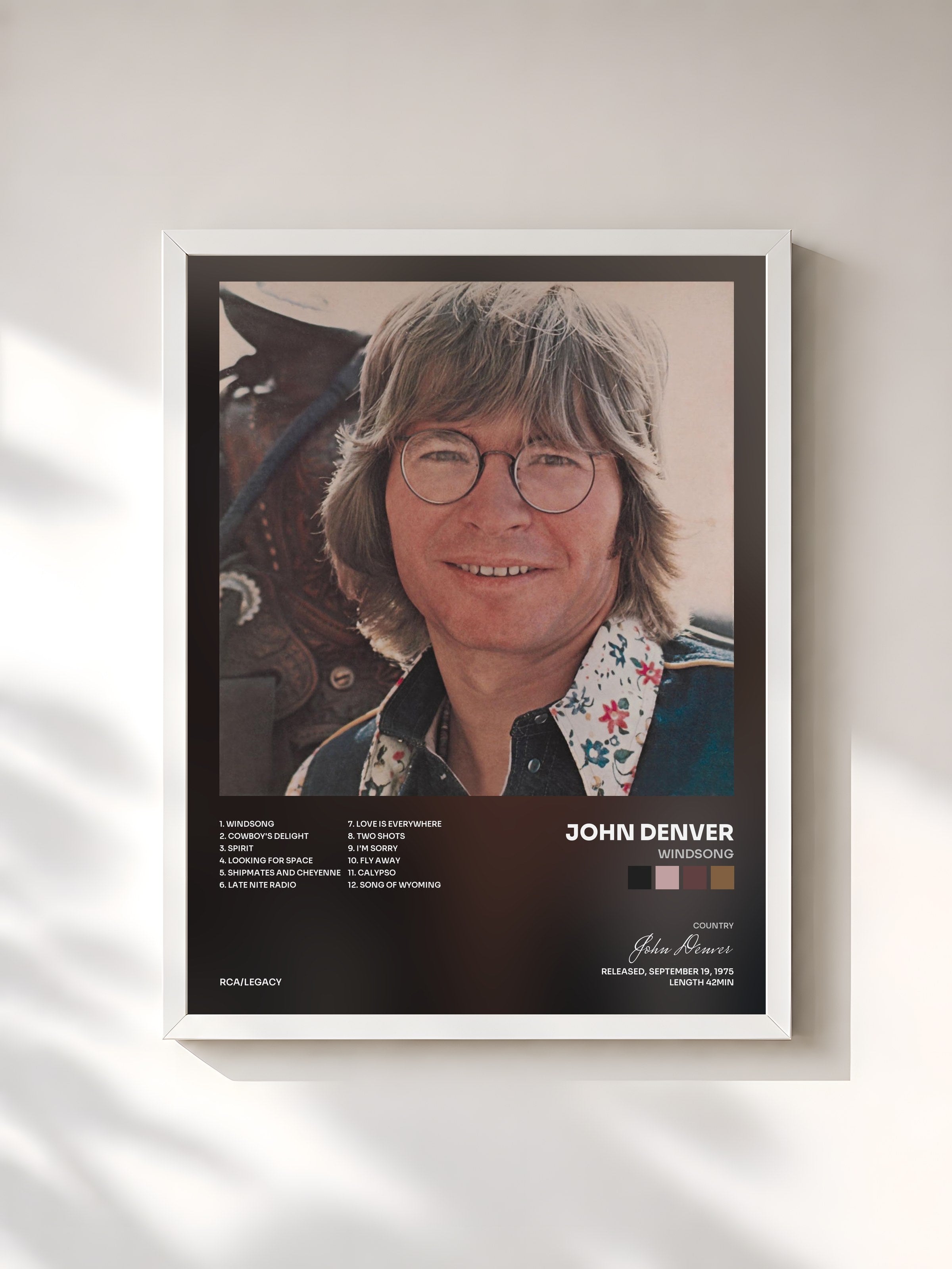#blanc Tableau de l'album Windsong de John Denver, cadre blanc, imprimé et encadré en France