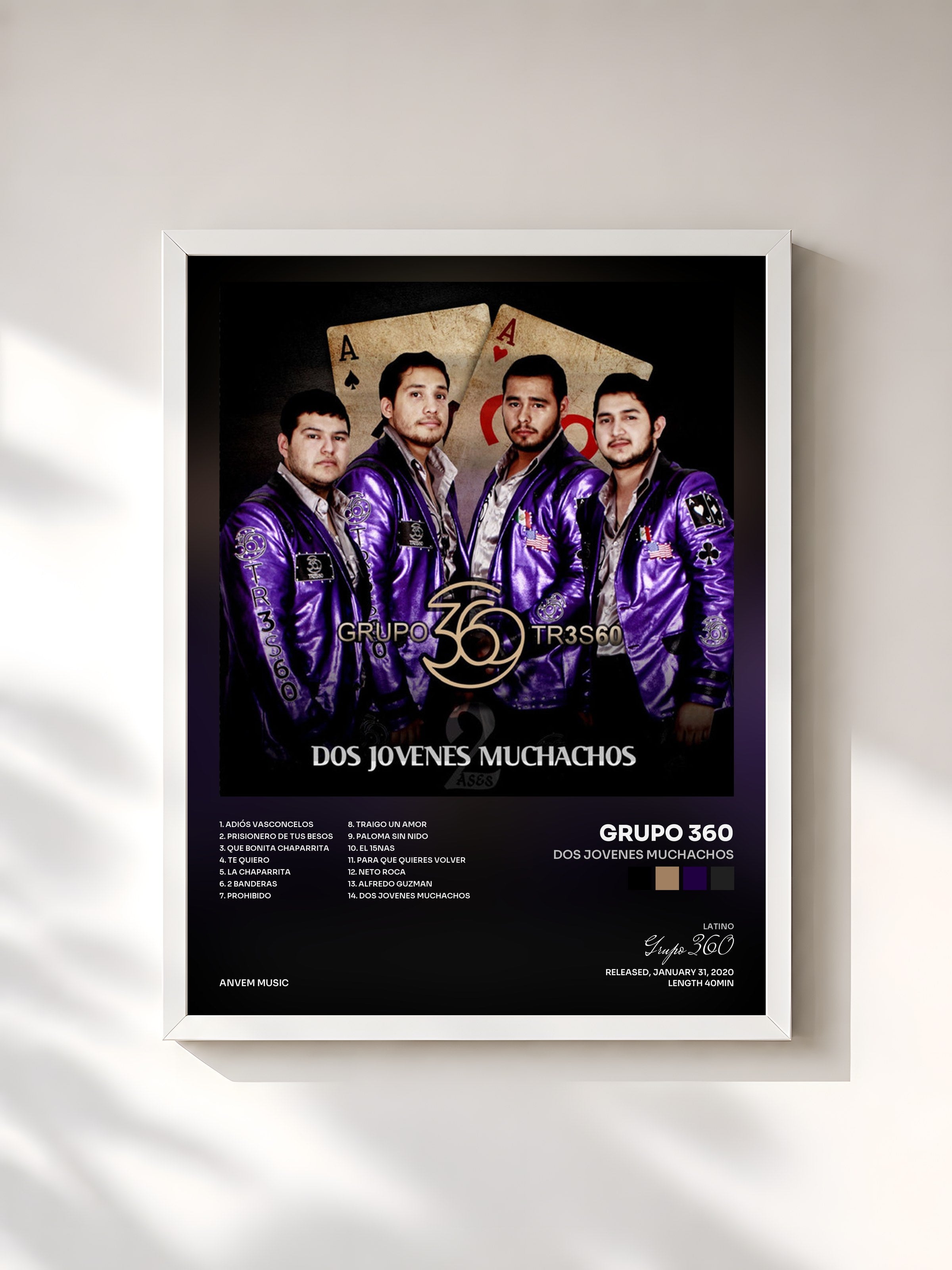 #blanc Tableau de l'album Dos Jovenes Muchachos de Grupo 360, cadre blanc, imprimé et encadré en France