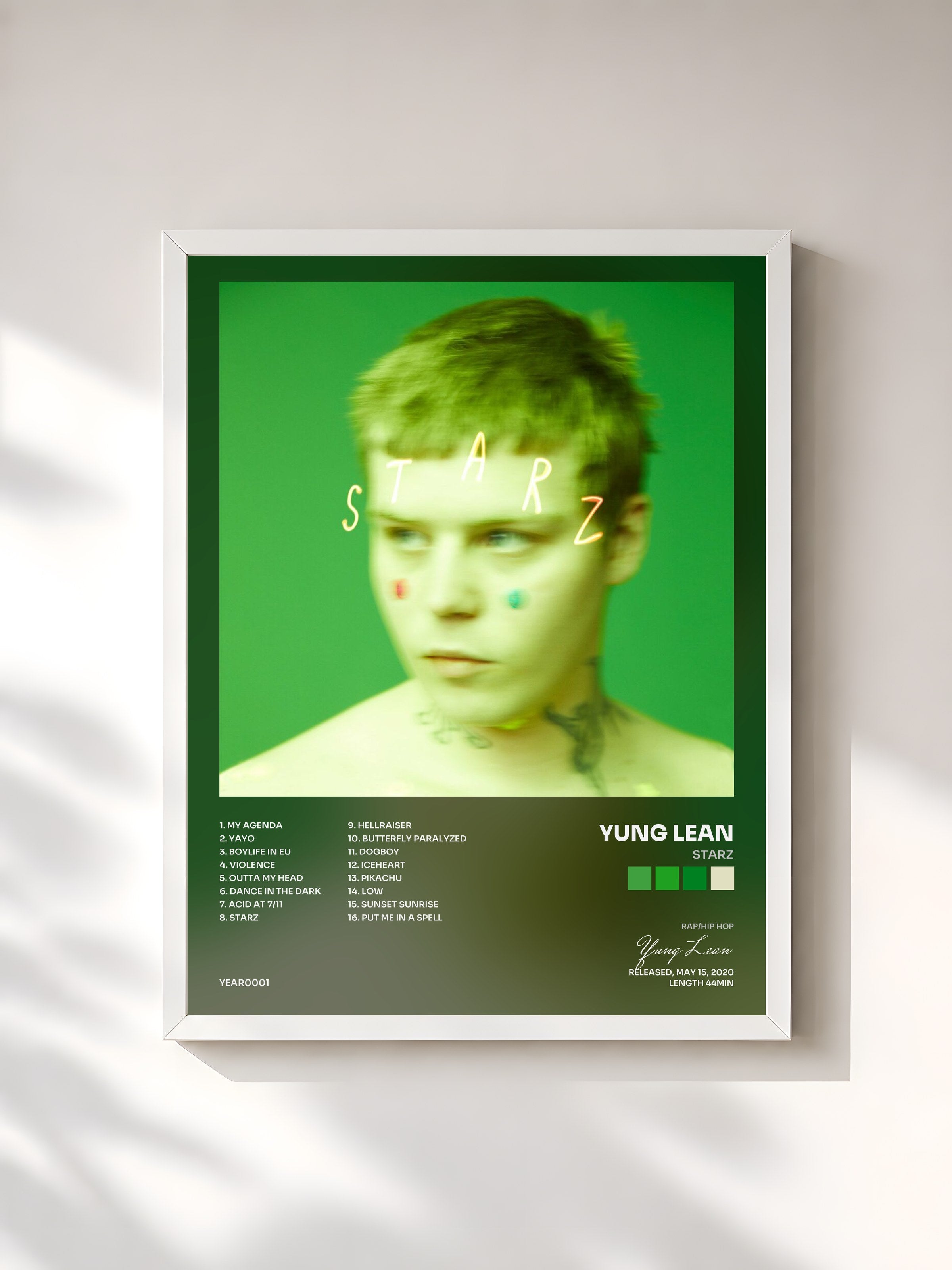 #blanc Tableau de l'album Starz de Yung Lean, cadre blanc, imprimé et encadré en France