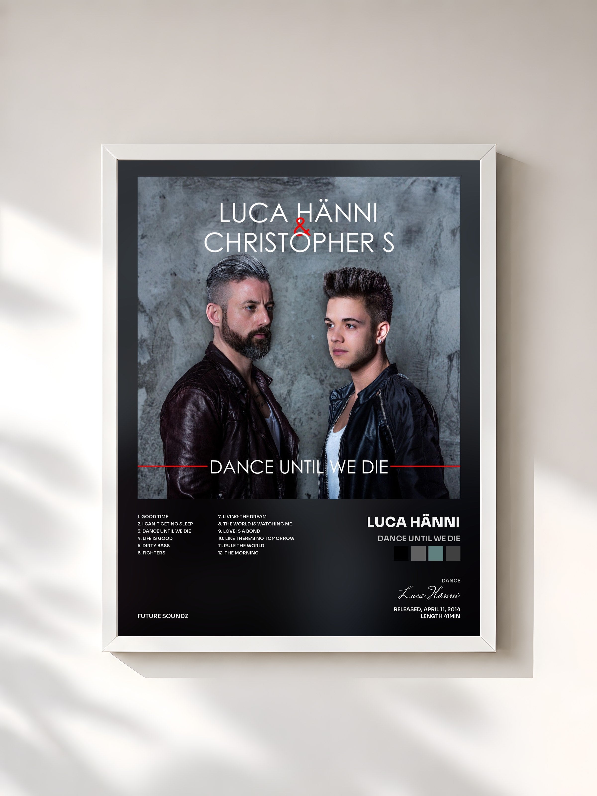 #blanc Tableau de l'album Dance Until We Die de Luca Hänni, cadre blanc, imprimé et encadré en France