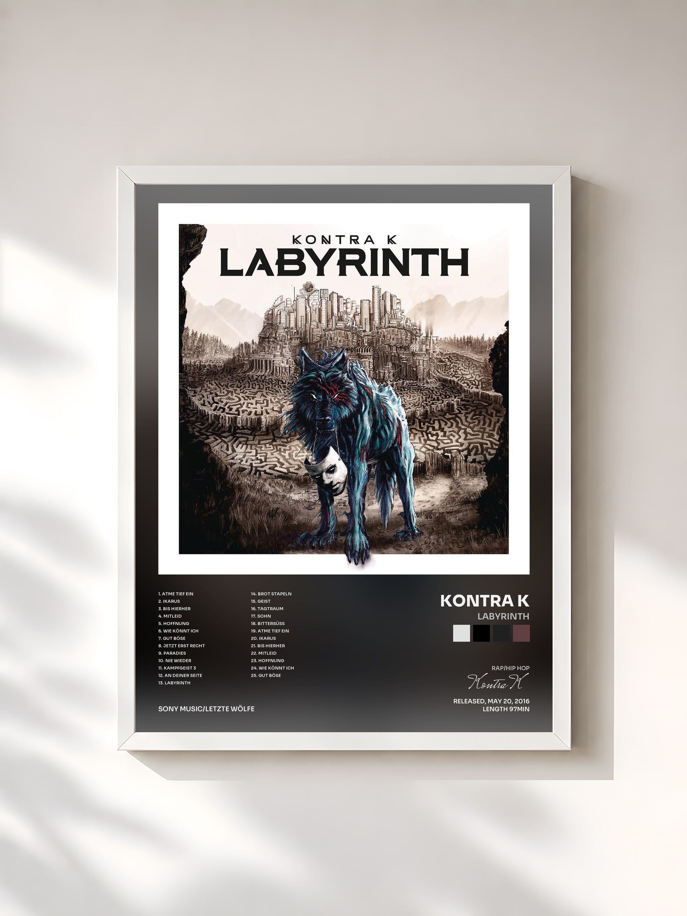 #blanc Tableau de l'album Labyrinth de Kontra K, cadre blanc, imprimé et encadré en France