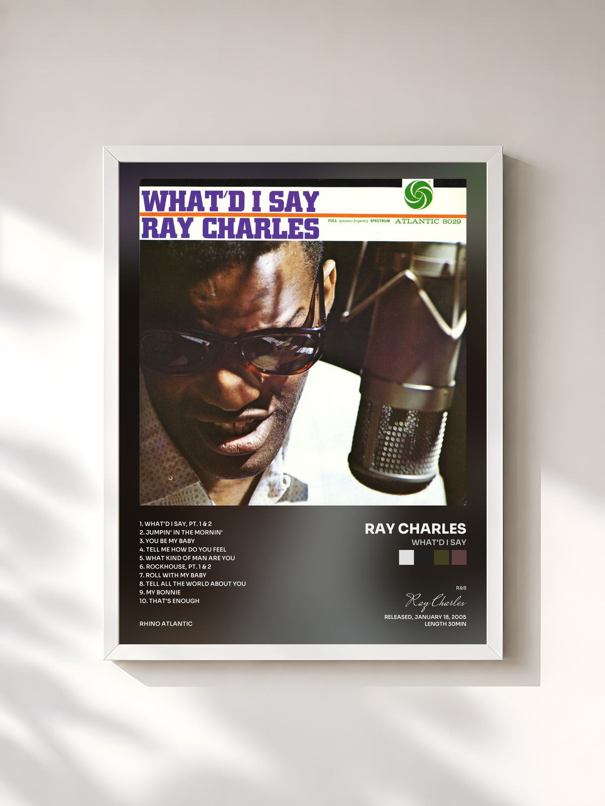 #blanc Tableau de l'album What'd I Say de Ray Charles, cadre blanc, imprimé et encadré en France